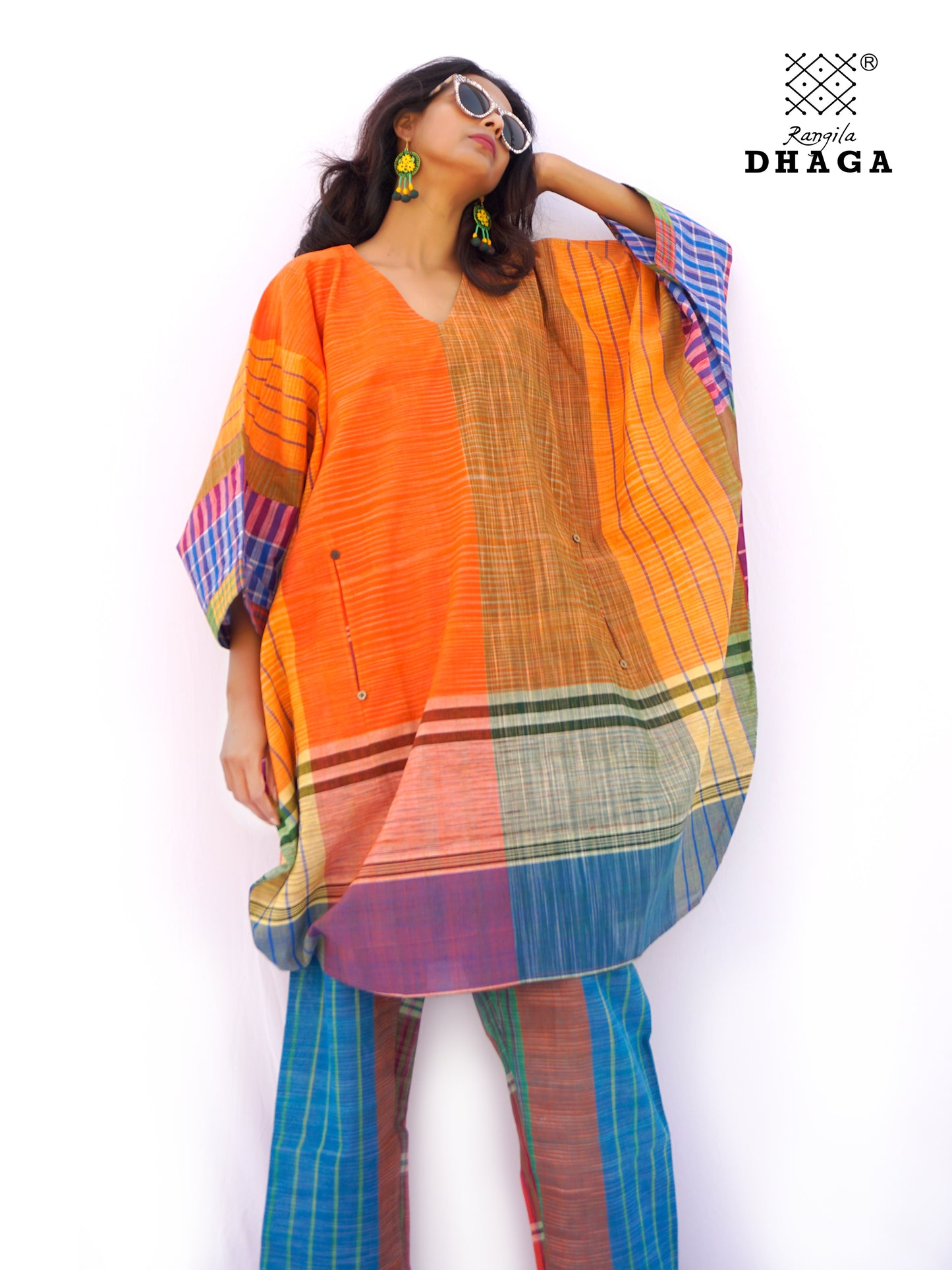 Kaftan Dress Long  Free Size  Gamcha Fashion Handloom Cotton (Orange and Yellow )  SHR102