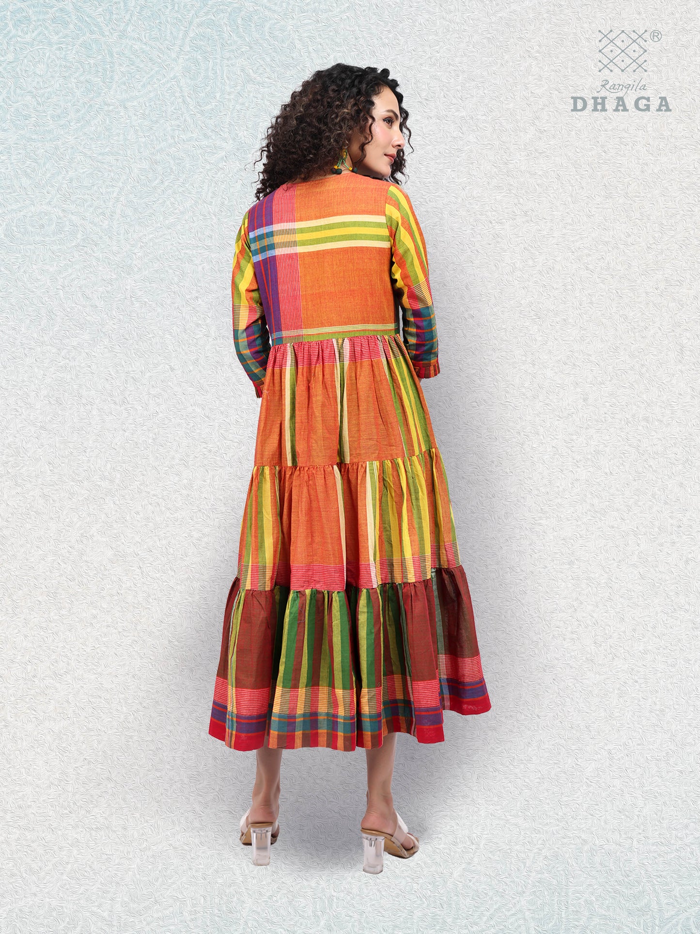 Handloom Cotton Multicolor Striped Flared Yellow Dress cum Open Shrug – Rangila Dhaga D51