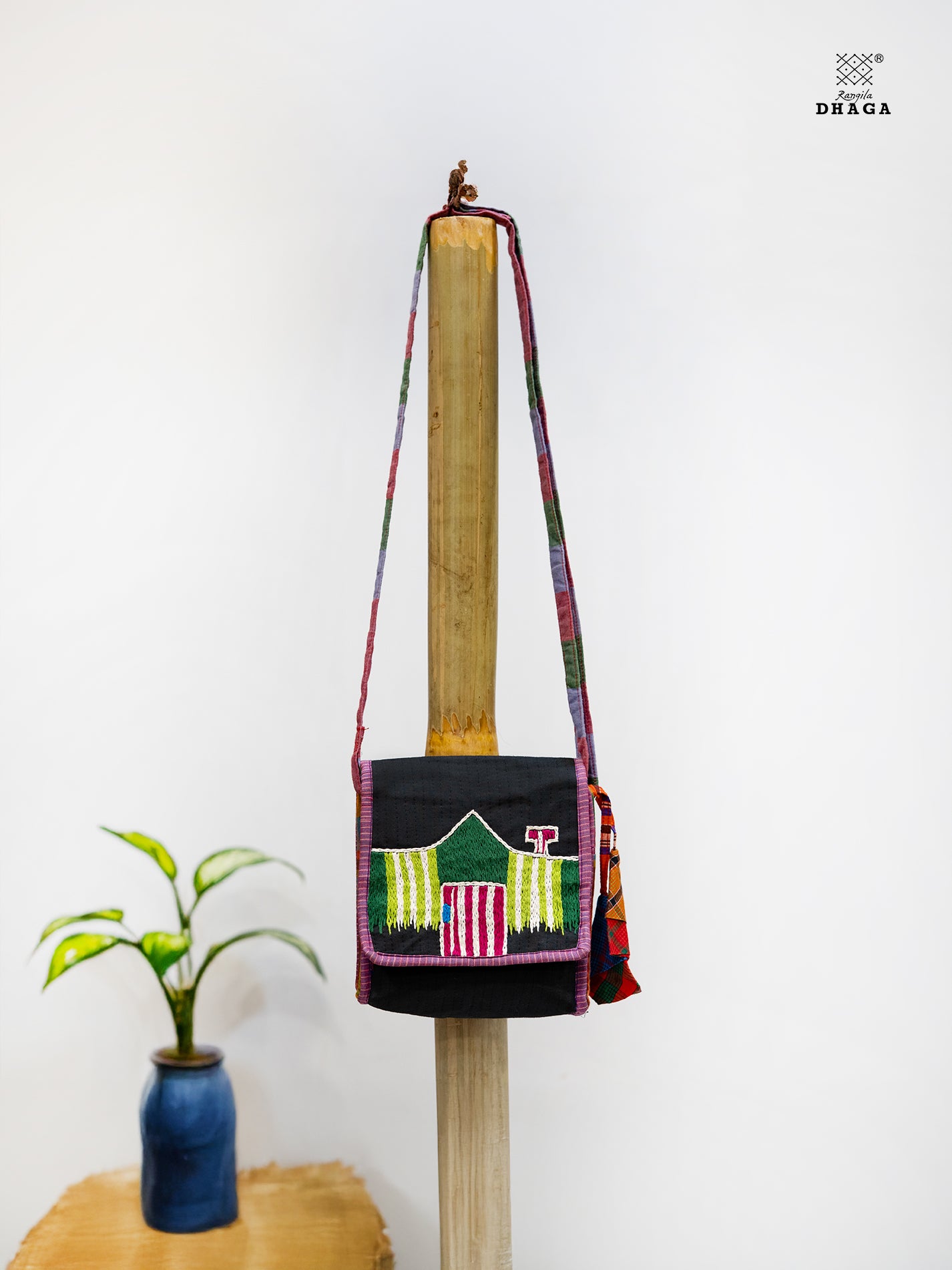 Sling Bag Gamcha Fashion Hand Embroided Green SL09
