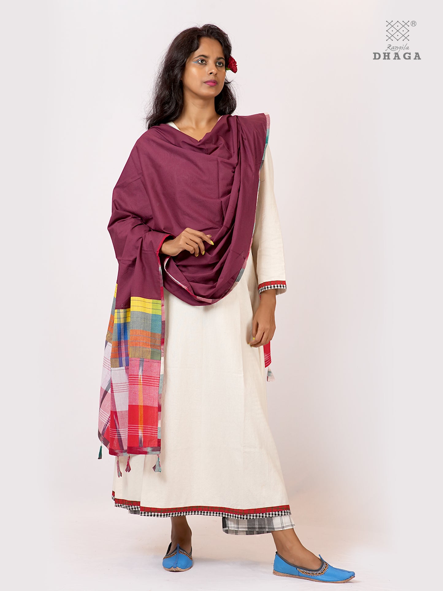 Handloom Gamcha Patchwork Mul Cotton Dupatta | Maroon Artisan Dupatta with Tassels (2.5m) GD029