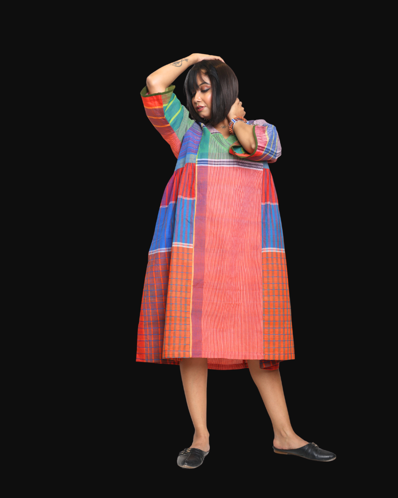 Handloom Cotton Gamcha Atrangi Multicolor Dress with Both Side Pockets