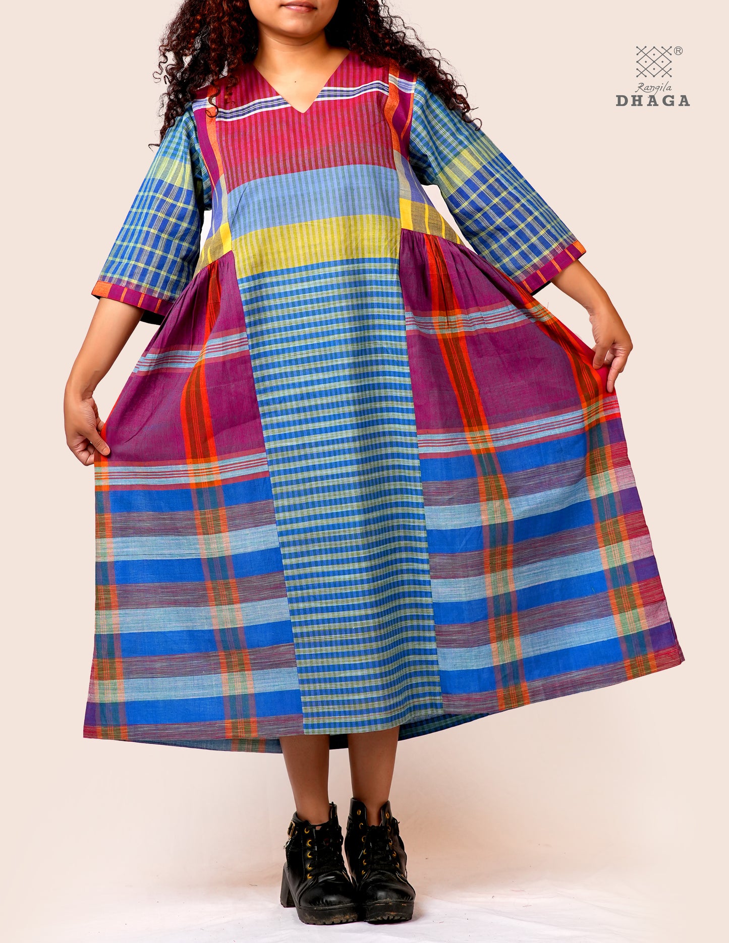 Hand Embroidered Multicolor Handloom Gamcha Dress | Artisan Cotton Dress | Rangila Dhaga | Rangila Dhaga KD004