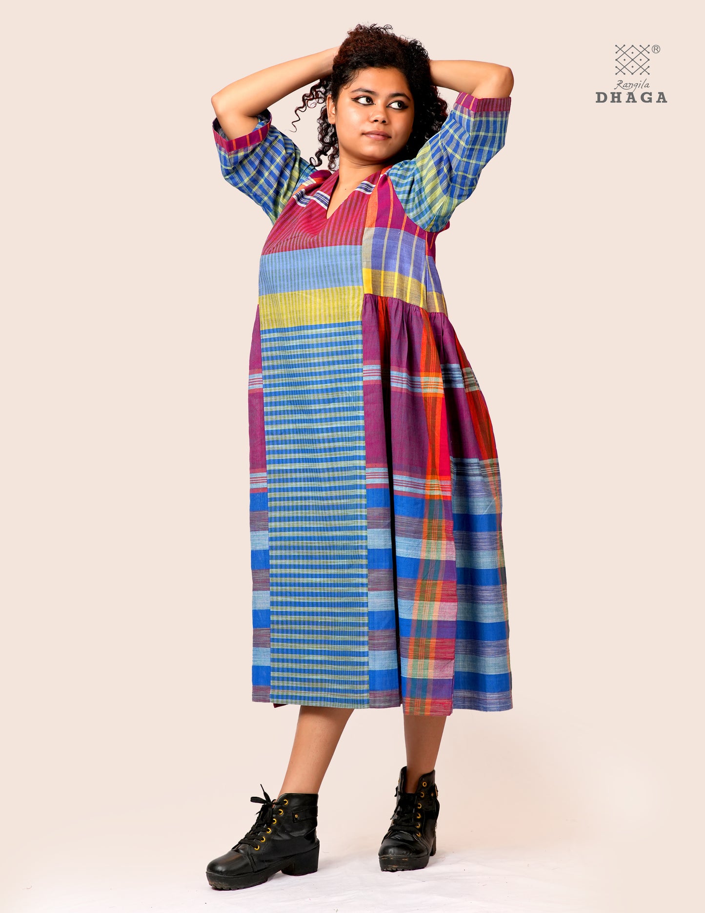 Hand Embroidered Multicolor Handloom Gamcha Dress | Artisan Cotton Dress | Rangila Dhaga | Rangila Dhaga KD004