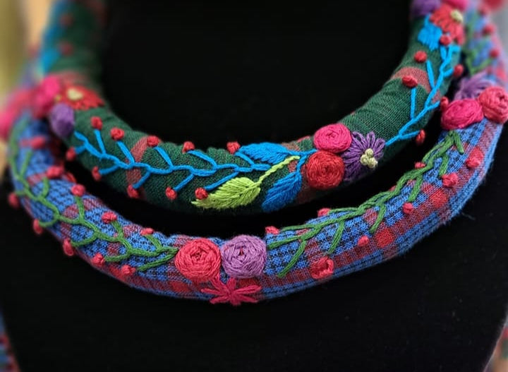 Handembroidered Hassuli design gamcha fabric Necklace Blue