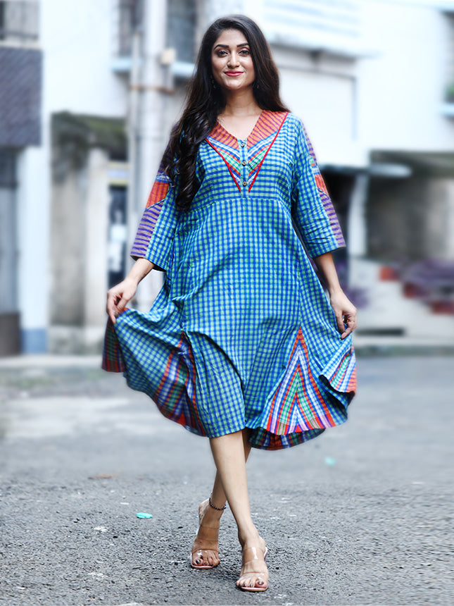 Dress Diamond Shape Patch Work Gamcha Fashion Handloom Cotton Fabric Orange & Blue D010 Dress Diamond Shape Patch Work Gamcha Fashion Handloom Cotton Fabric Orange & Blue D010