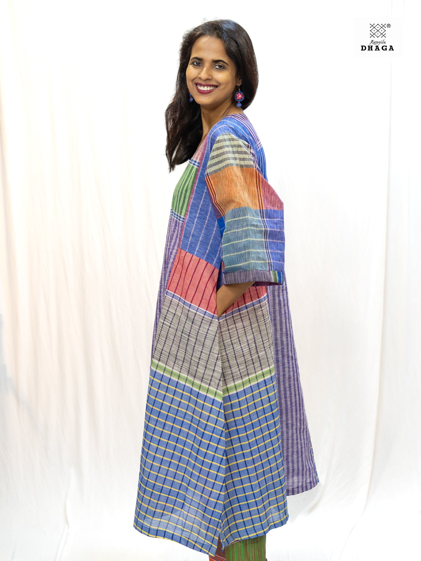 Multicolor Handloom Gamchha Free Size Dress with Pockets – Knee Length, Flared Fit D57