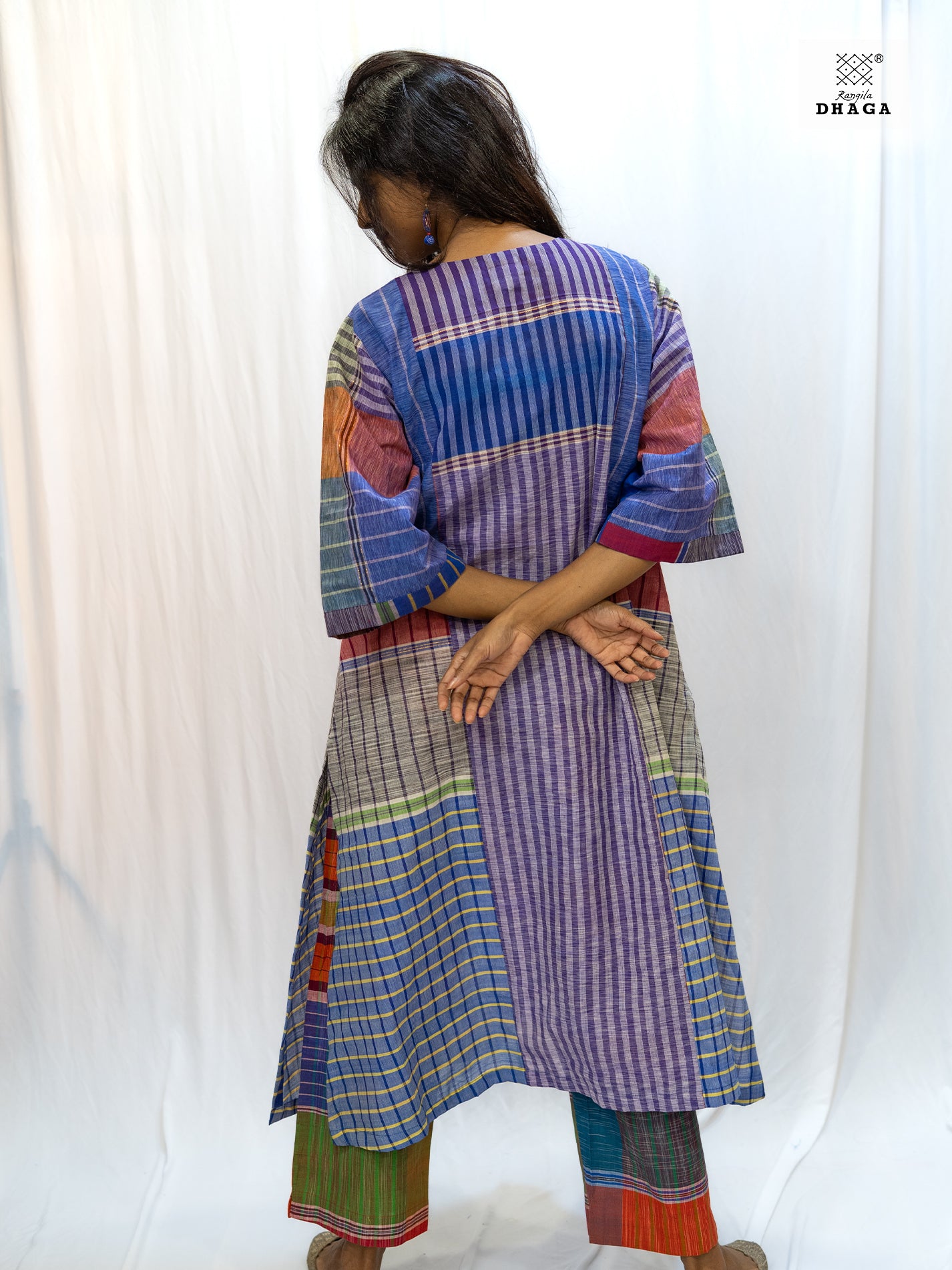 Multicolor Handloom Gamchha Free Size Dress with Pockets – Knee Length, Flared Fit D57