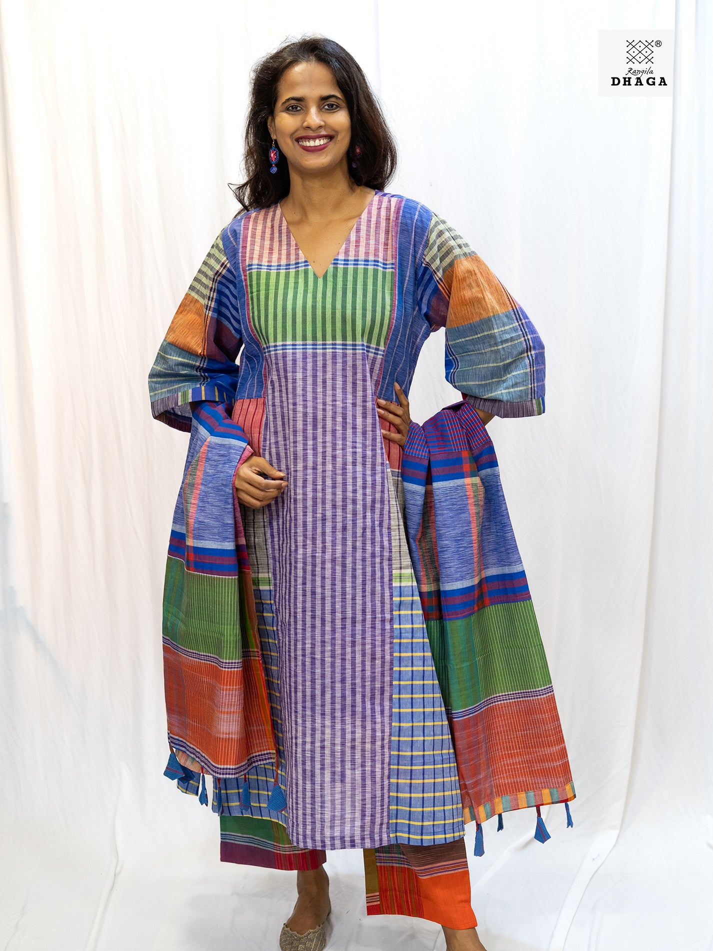 Multicolor Handloom Gamchha Free Size Dress with Pockets – Knee Length, Flared Fit D57