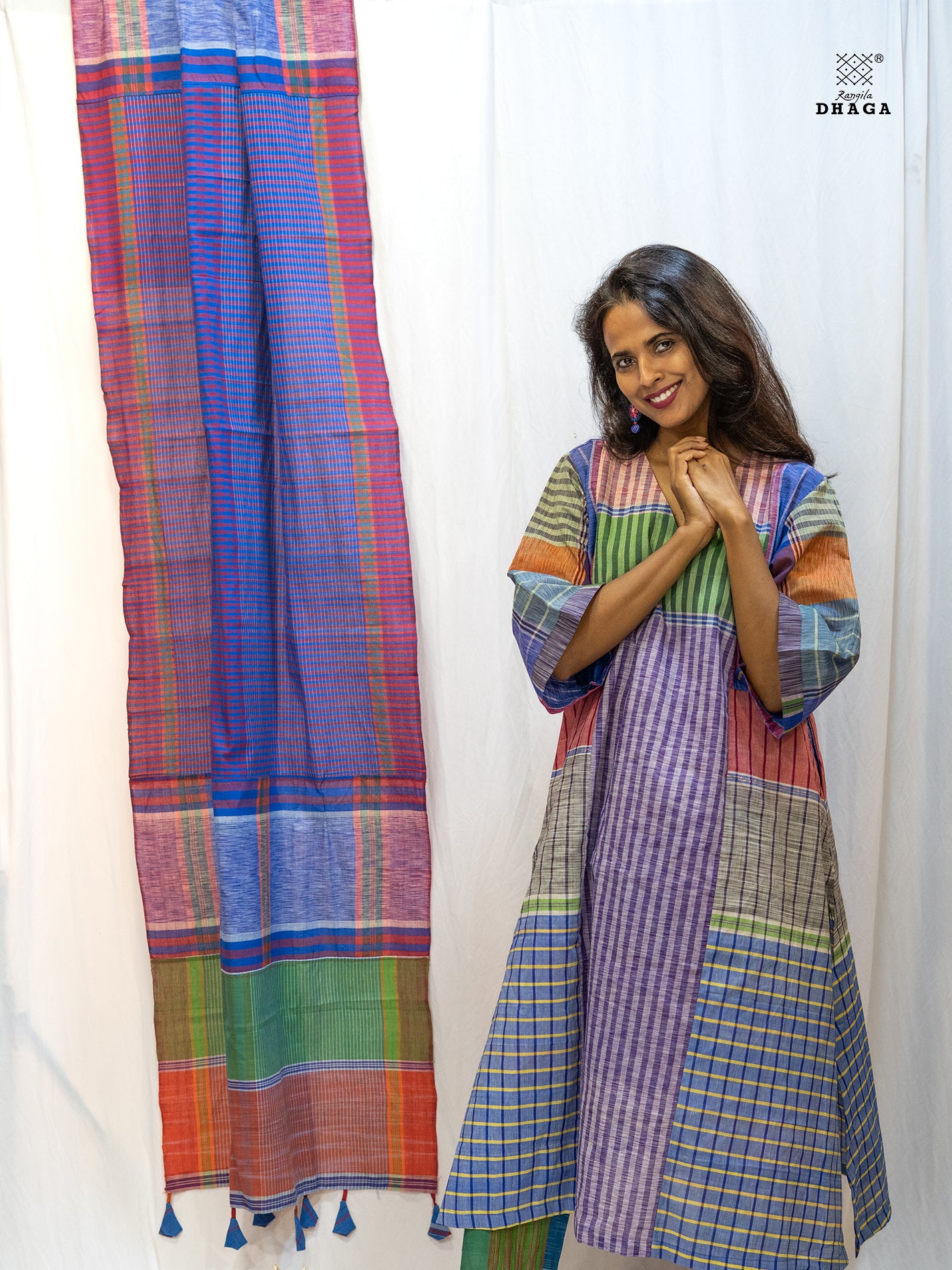 Multicolor Handloom Gamchha Free Size Dress with Pockets – Knee Length, Flared Fit D57