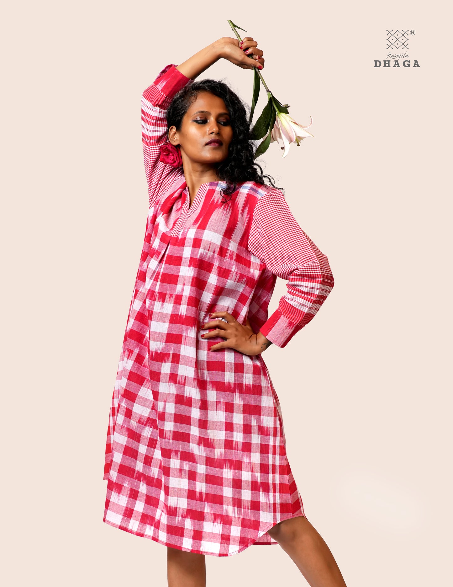 Red & White Handloom Kotki Gamcha Check Midi Dress | Pure Cotton | Rangila Dhaga KD001