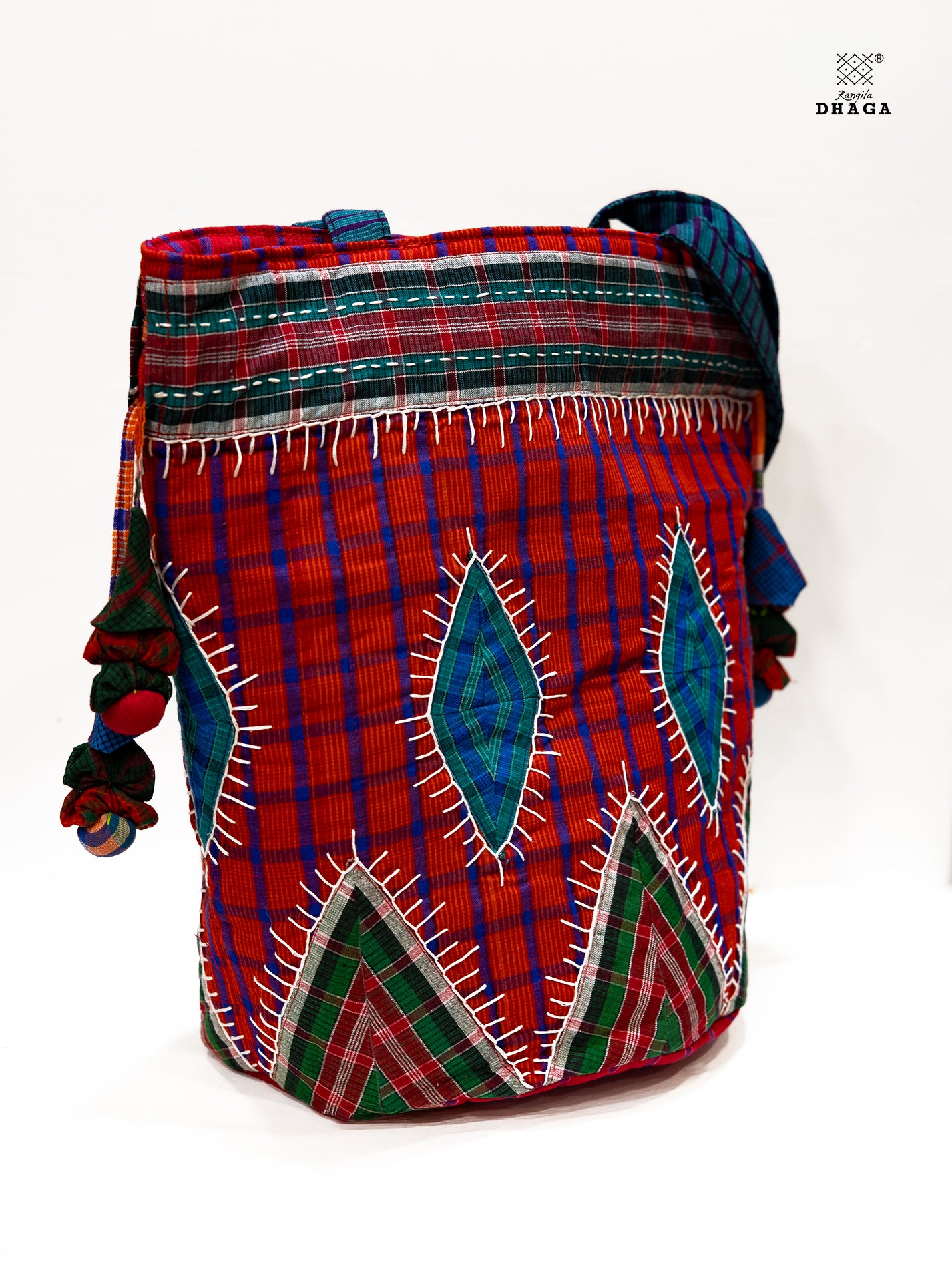 Hand-Embroidered Gamcha Potli Tote Bag Red Bag23
