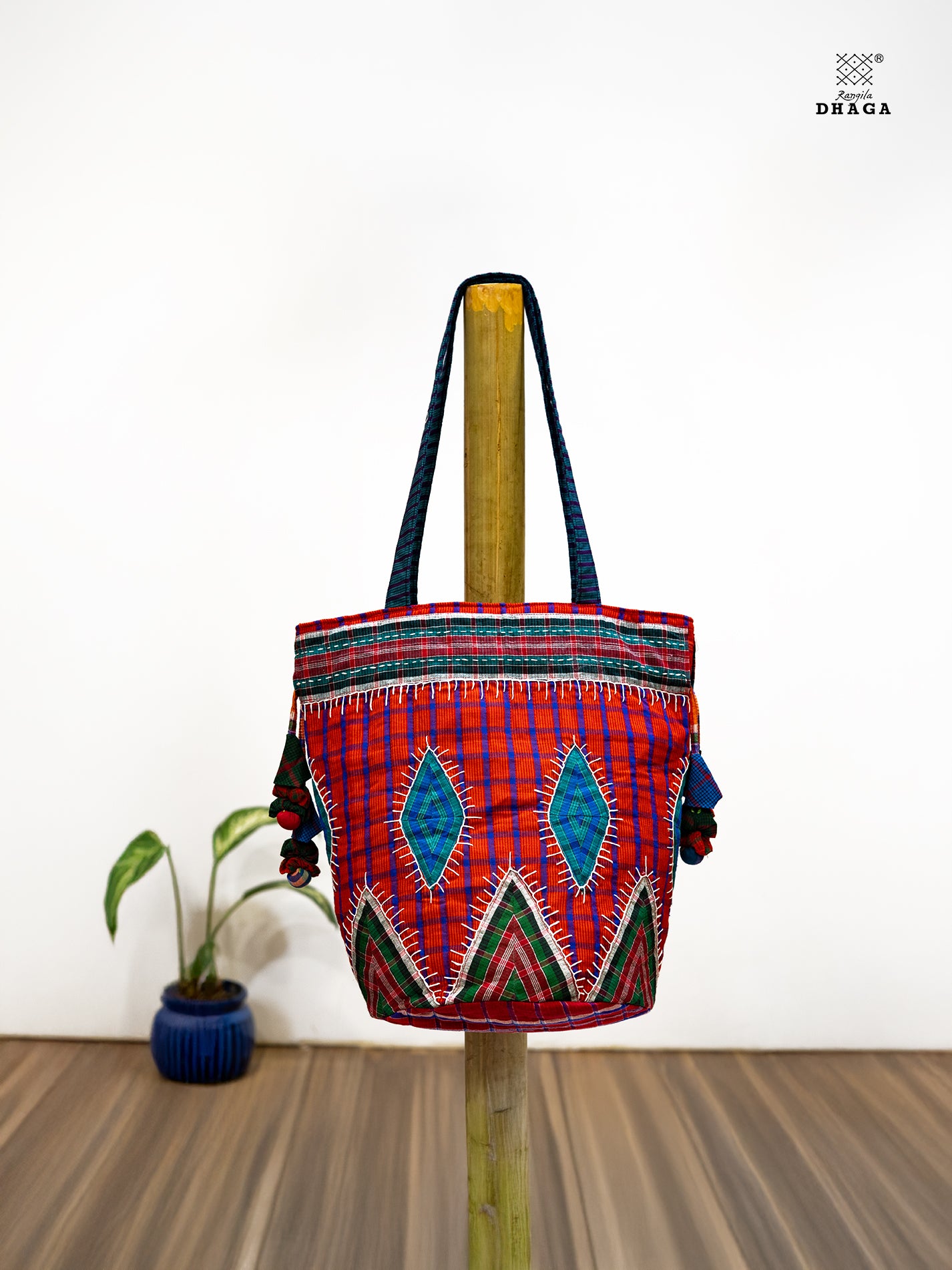Hand-Embroidered Gamcha Potli Tote Bag Red Bag23