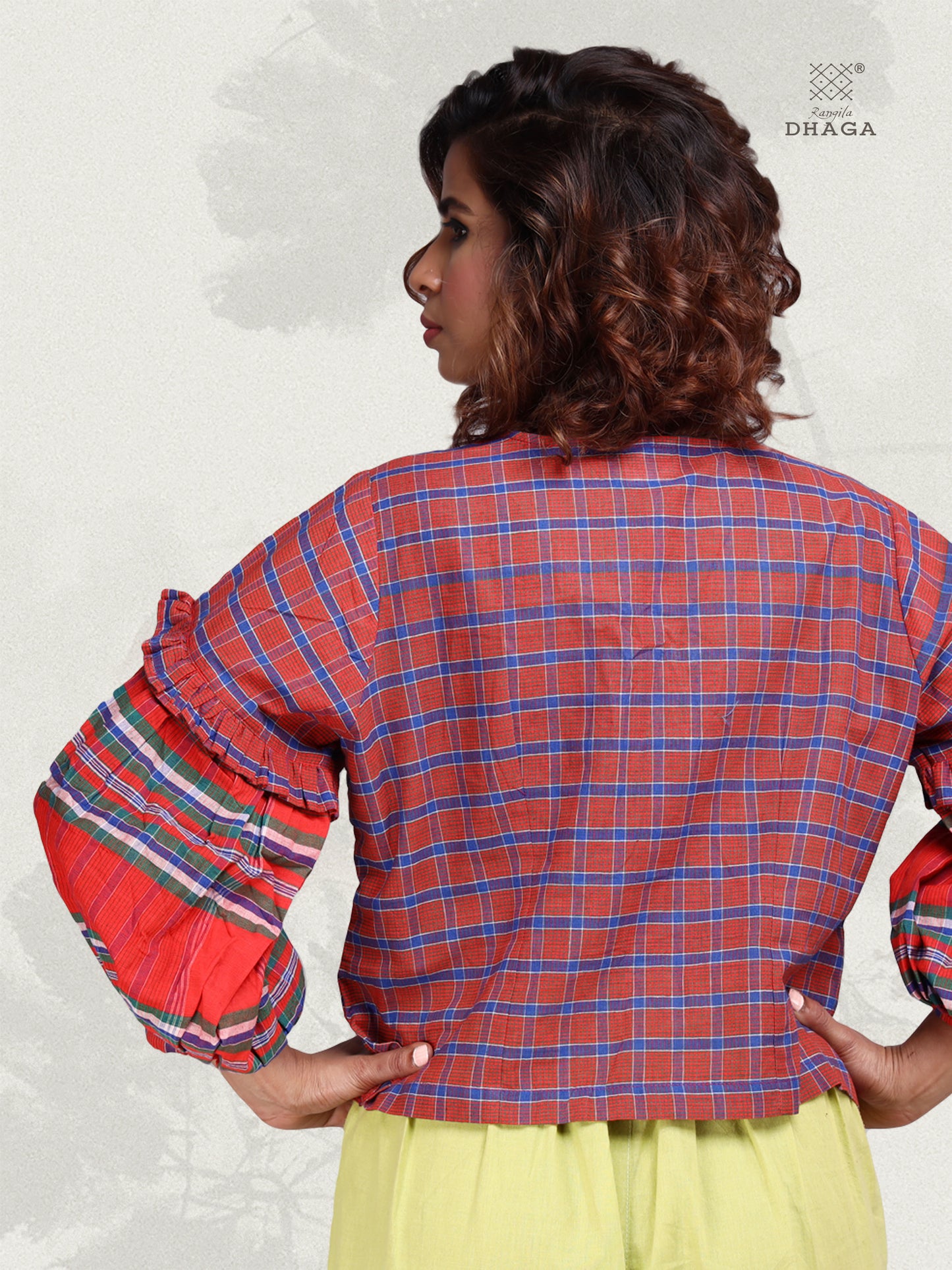 Tunic Crop Top Gamcha Fashion Handloom Cotton Fabric with Bishop (Caff) Sleeves (Top7)