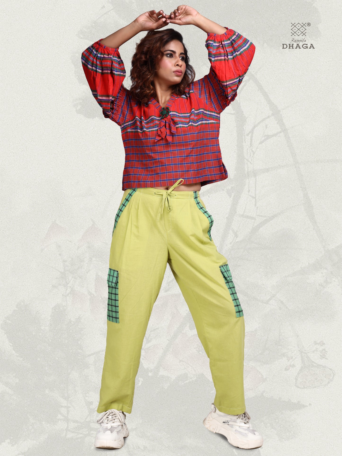 Tunic Crop Top Gamcha Fashion Handloom Cotton Fabric with Bishop (Caff) Sleeves (Top7)