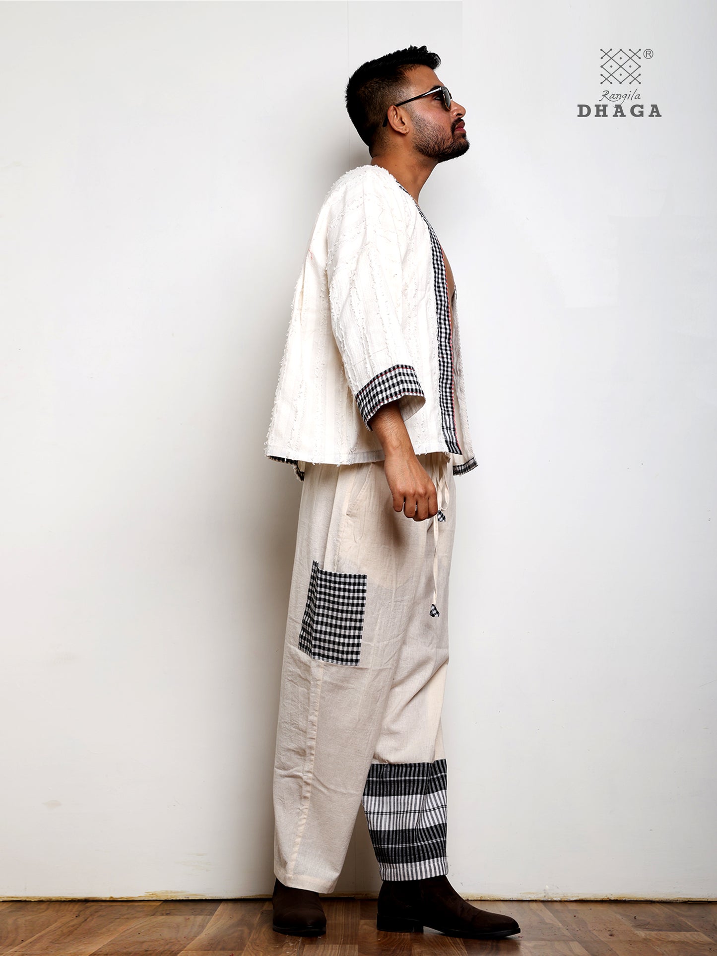 Handloom Cotton Ivory Co-Ord Set with Black White Gamcha Border & Kantha Stitch Man22