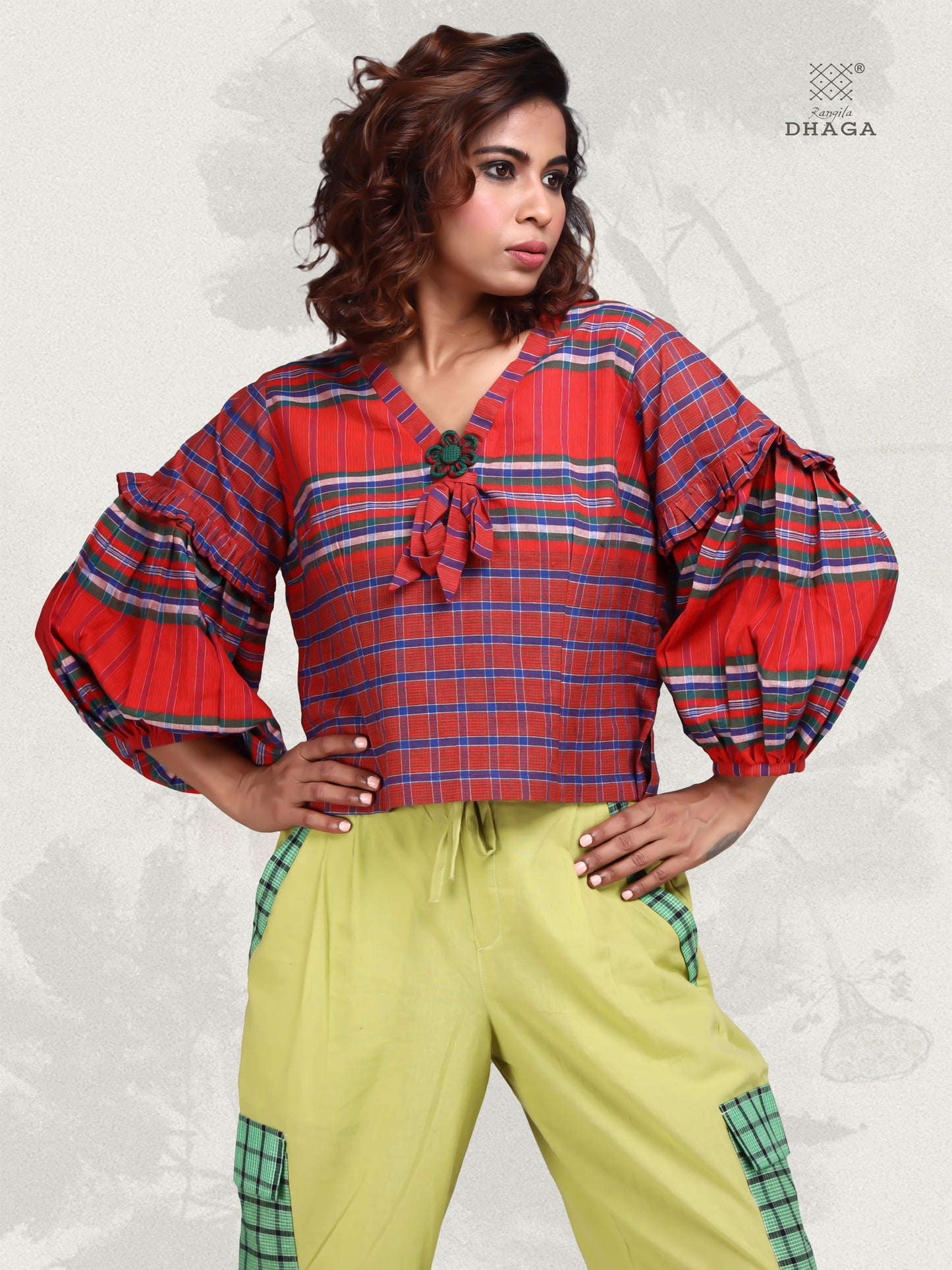 Tunic Crop Top Gamcha Fashion Handloom Cotton Fabric with Bishop (Caff) Sleeves (Top7)