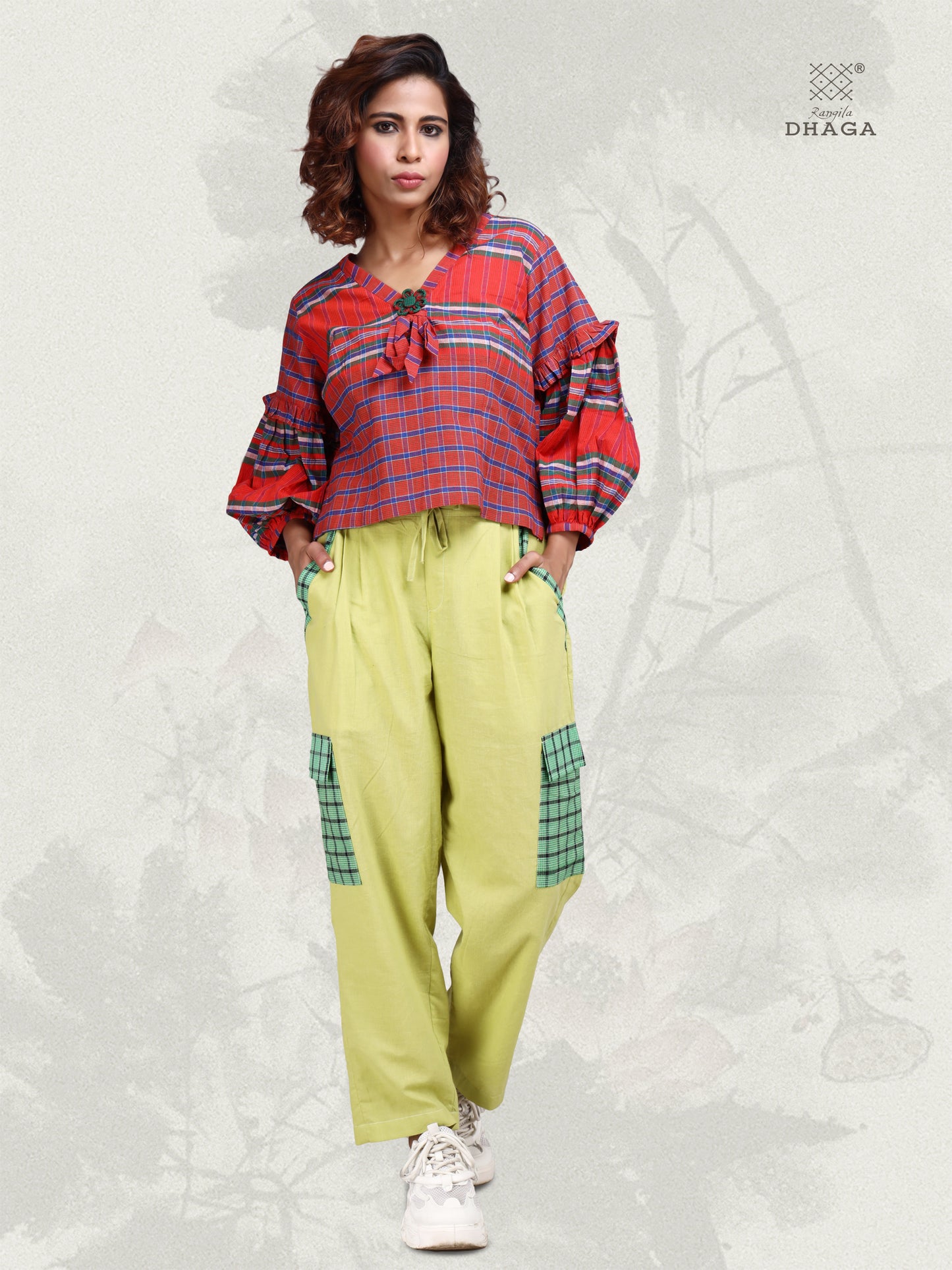 Tunic Crop Top Gamcha Fashion Handloom Cotton Fabric with Bishop (Caff) Sleeves (Top7)