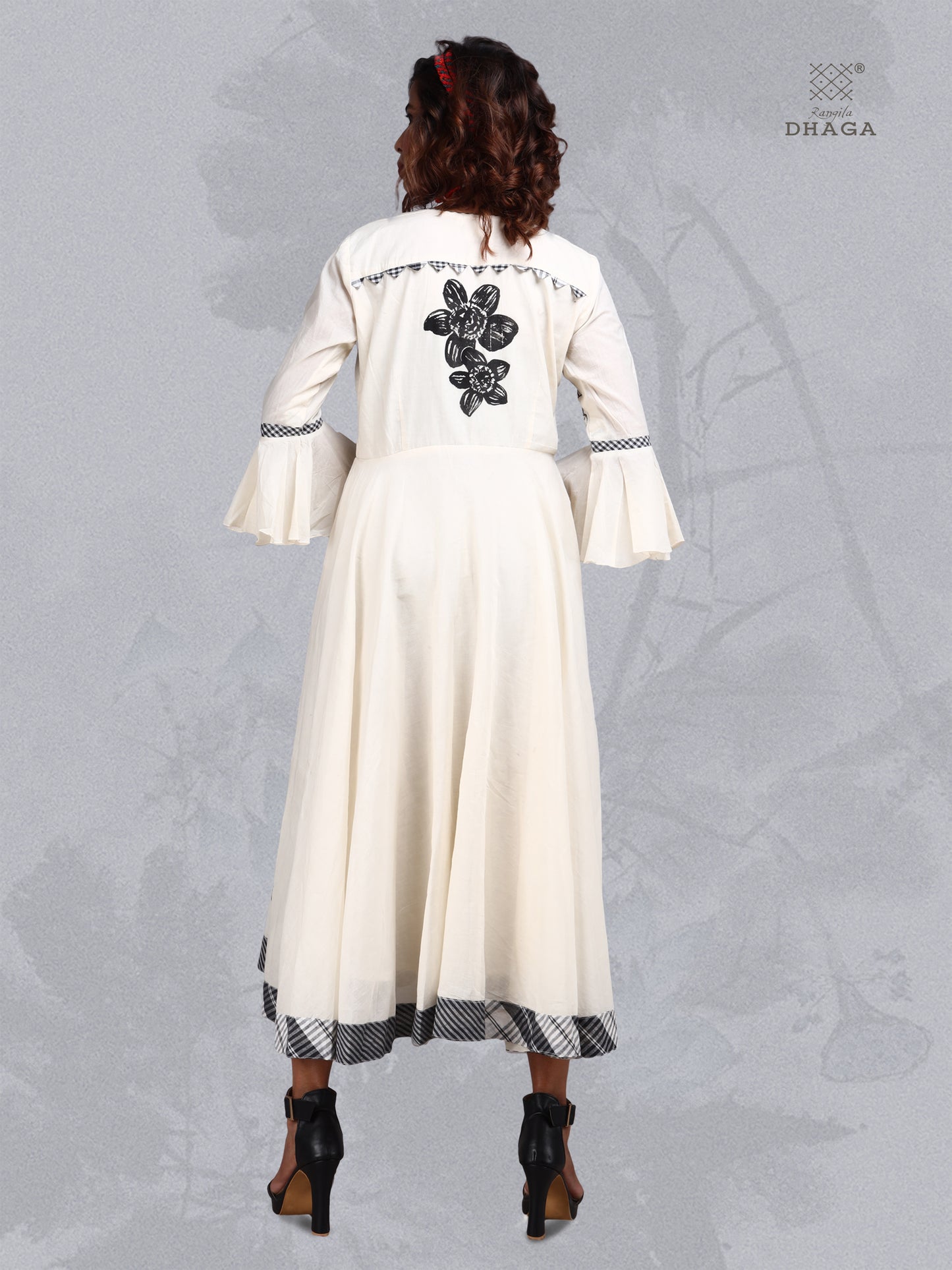 Hand Painted Black Flower Cotton Long Dress Gamcha Border with Pockets (White) D017