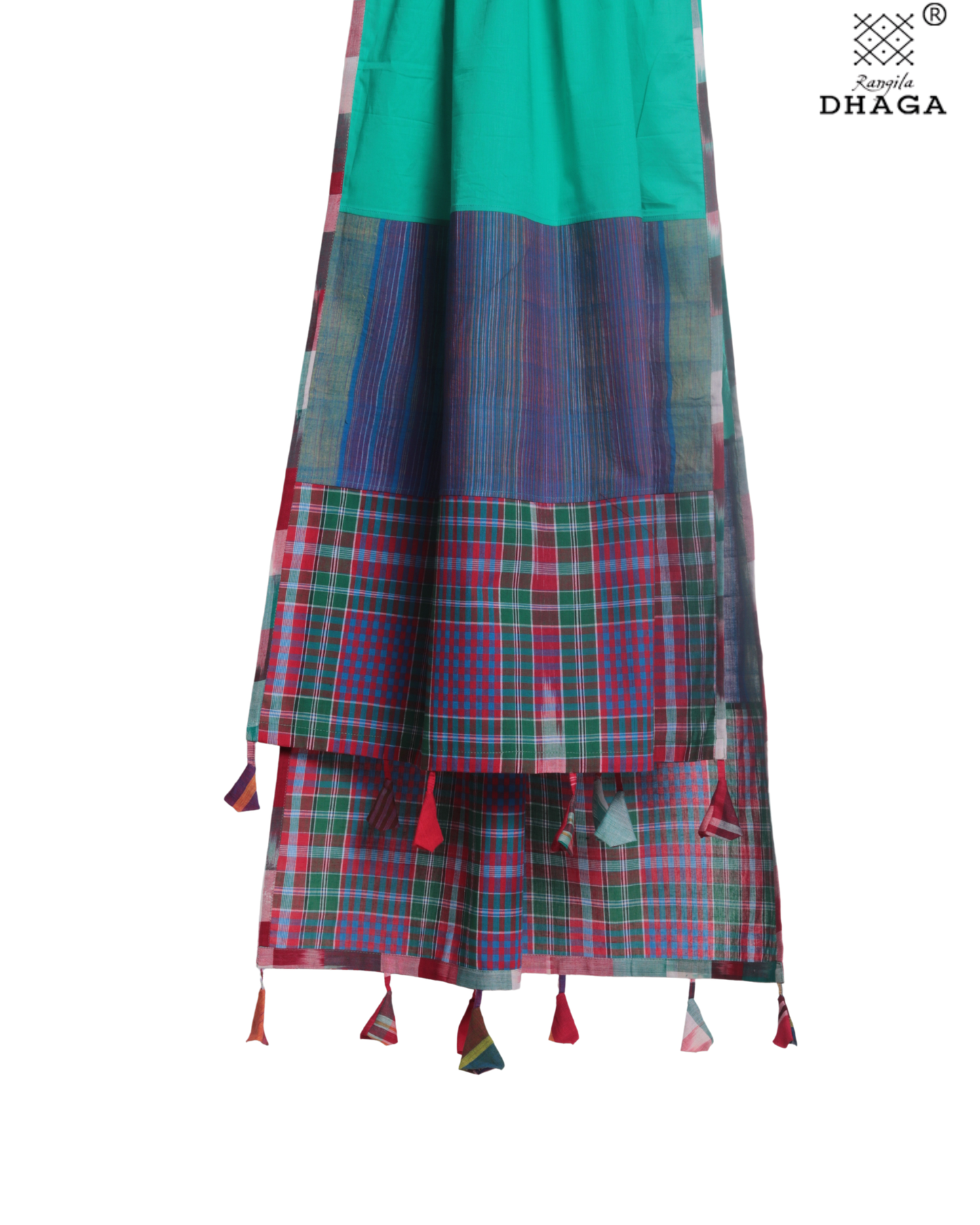 Rangila Dhaga Emerald Green Gamcha Dupatta with Multicolor Checks & Tassels – Handwoven Cotton (2.5m)- GD007