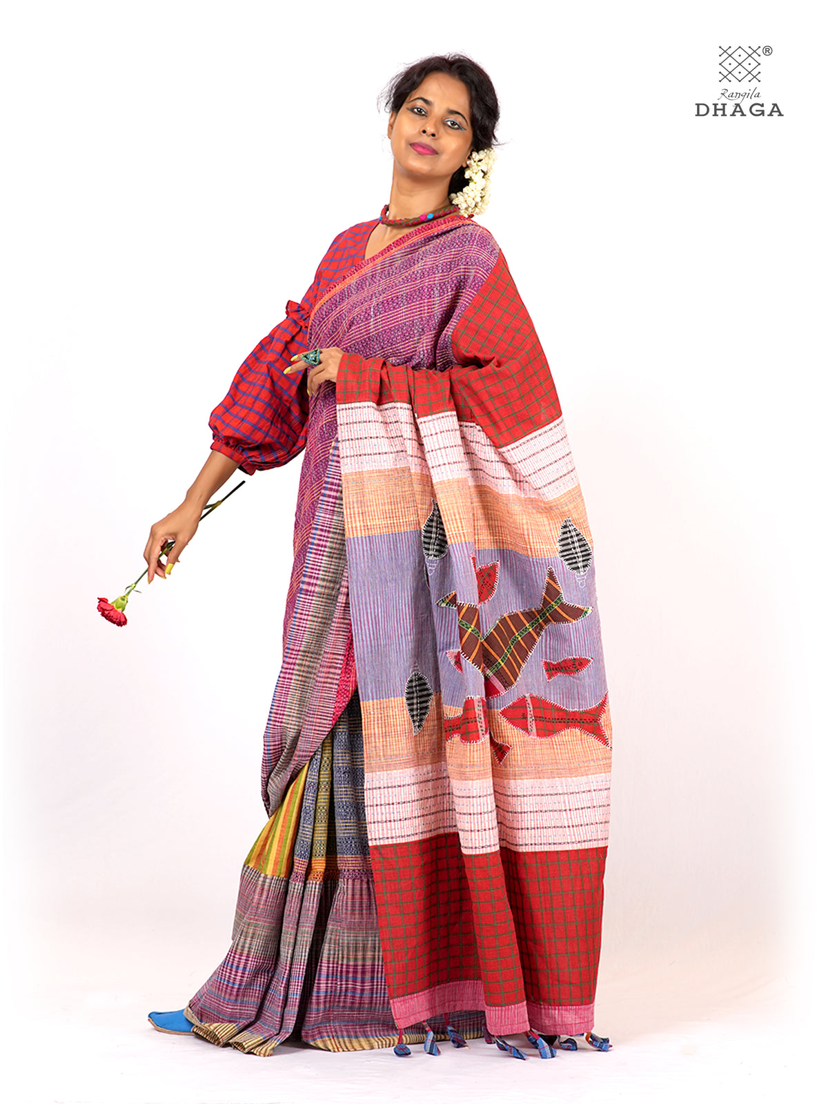 Hand-Embroidered Fish-Fishy Handloom Gamcha Patchwork Kantha Stitch Saree | Includes Blouse Piece GS127