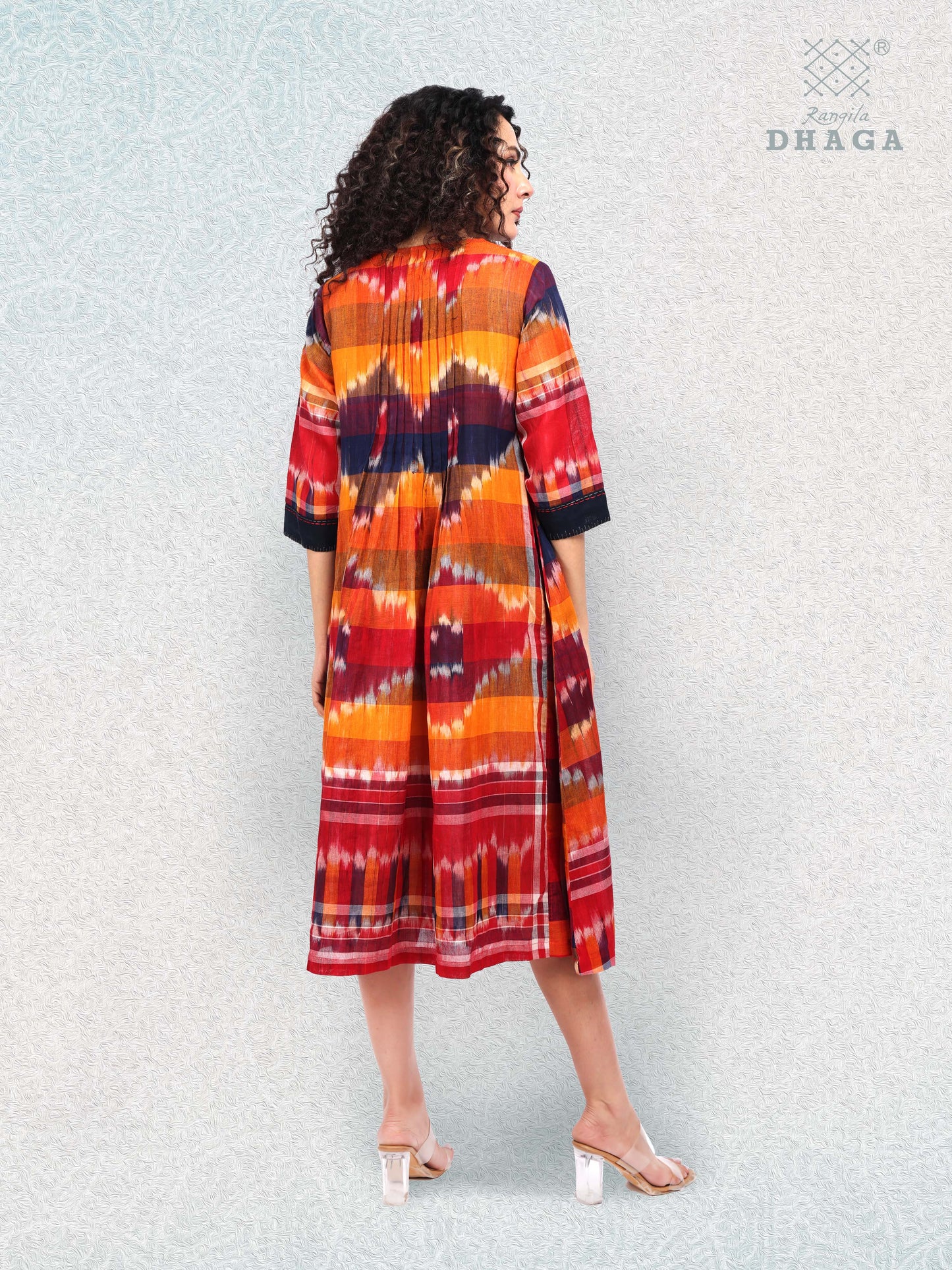 Hand-Embroidered Multicolor Gamcha Cotton Dress – Kotki (ikkat) 2 Pockets Red D45