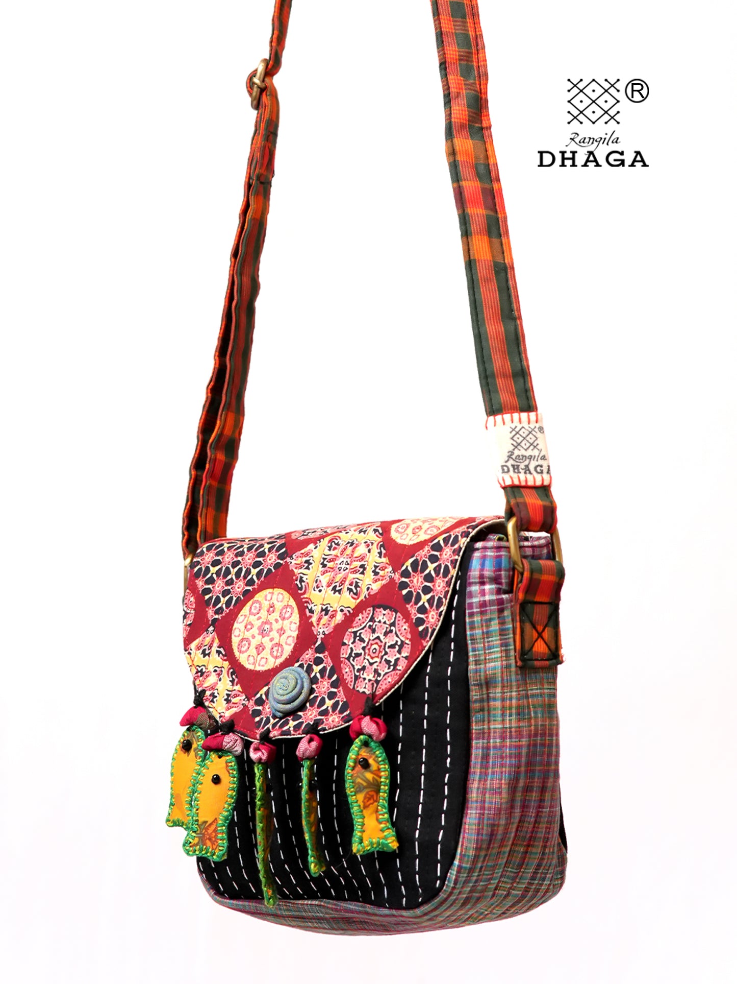 Handcrafted Ajrakh & Gamcha Fish Tassle Sling Bag | Adjustable Strap | Kantha Stitch | Handmade Cotton Crossbody Bag SL32