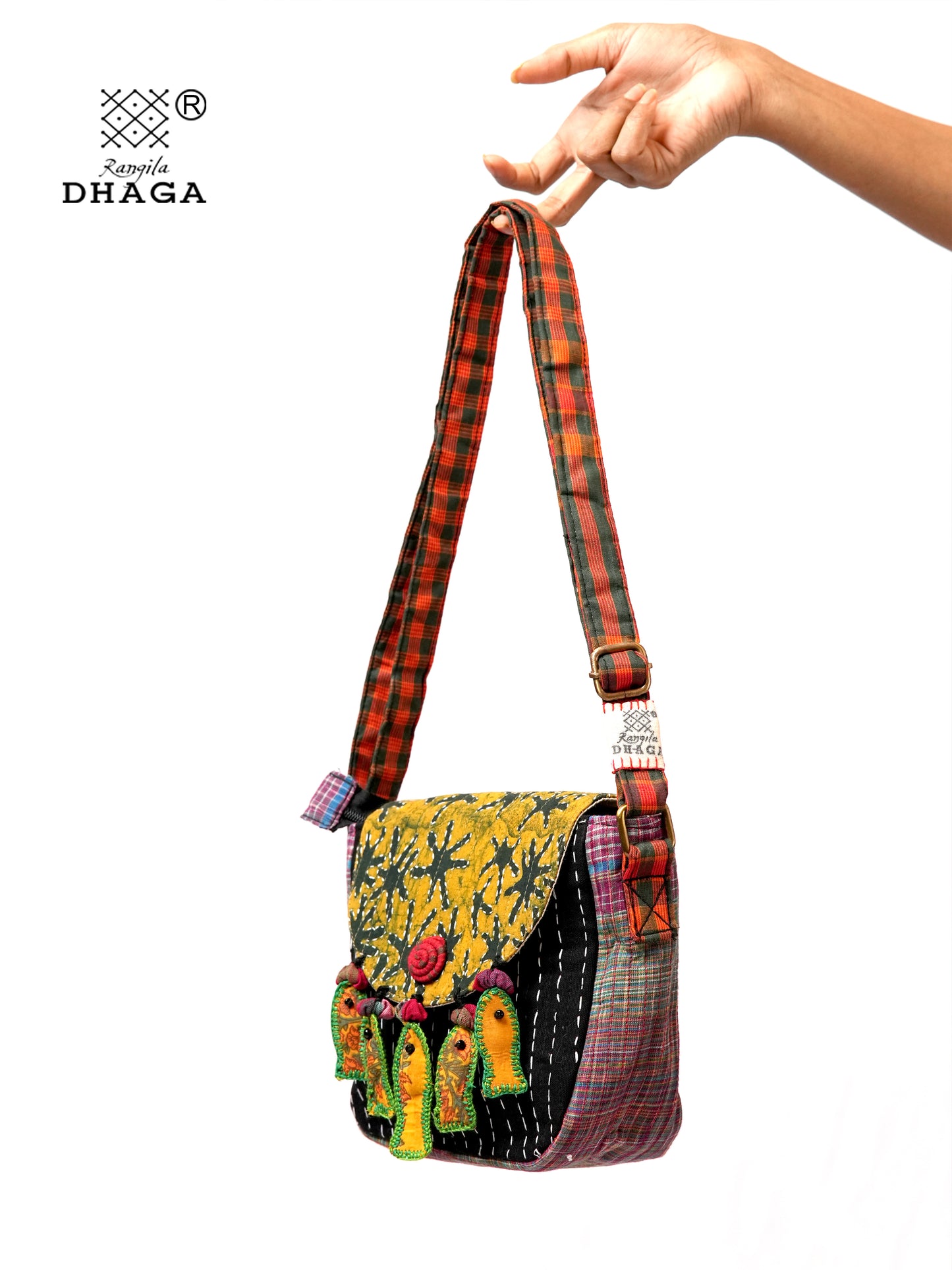 Handcrafted Ajrakh & Gamcha Fish Tassle Sling Bag | Adjustable Strap | Kantha Stitch | Handmade Cotton Crossbody Bag SL31