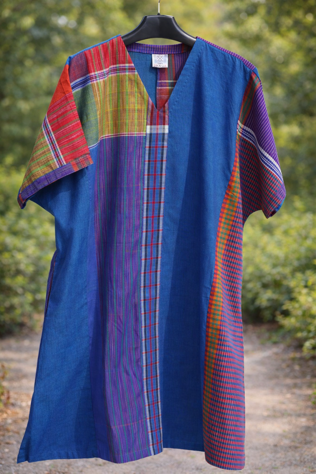 Handwoven Gamcha Patchwork Kurta | Indigo Blue Multicolor Cotton Tunic | Free Size D57