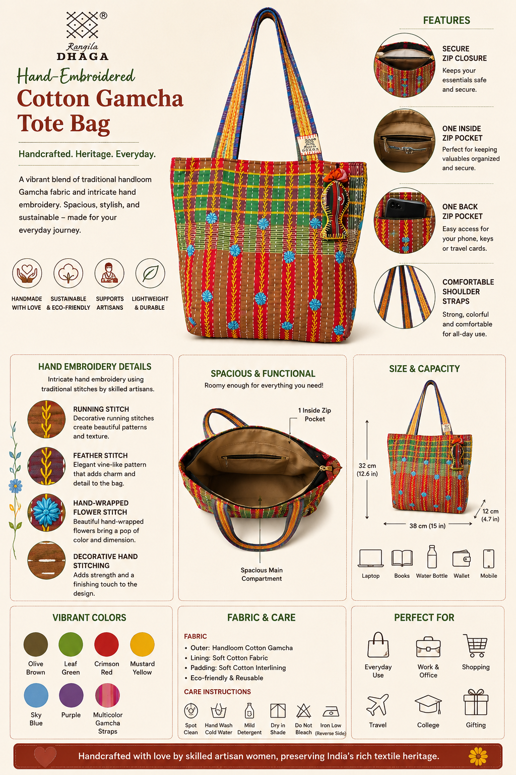 Hand-Embroidered Cotton Gamcha Tote Bag | Artisan Shoulder Bag with Zip Closure & Multi-Pocket Design 104
