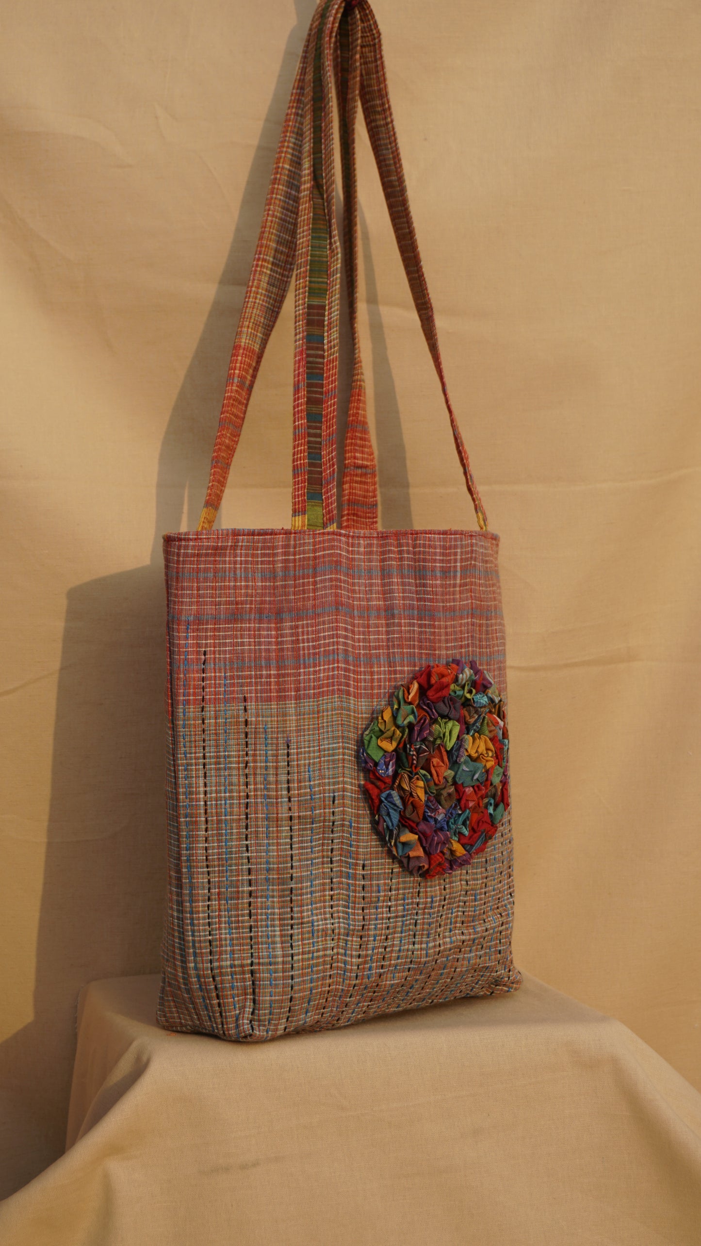 Handmade Gamcha Tote Bag with Floral Appliqué | Sustainable Cotton Handloom Bag TB100