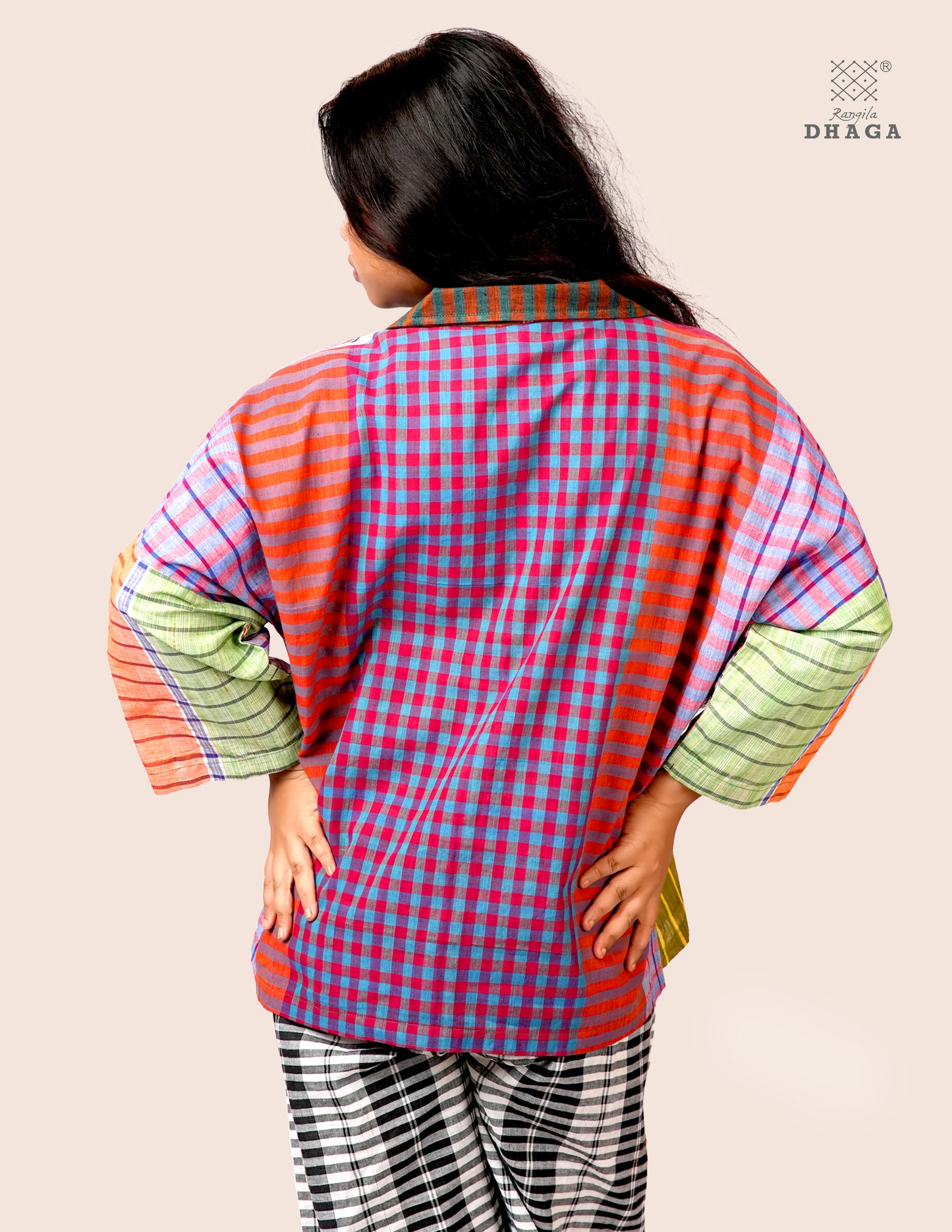 Women’s Oversized Gamcha Cotton Jacket | Handloom Front Open Top S02– Rangila Dhaga