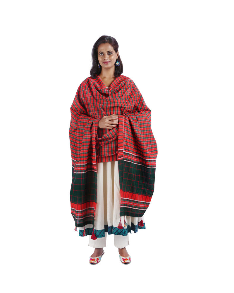 Patch work Gamcha Fashion Handloom Cotton Dupatta DP25 (Red Green Multicolor)