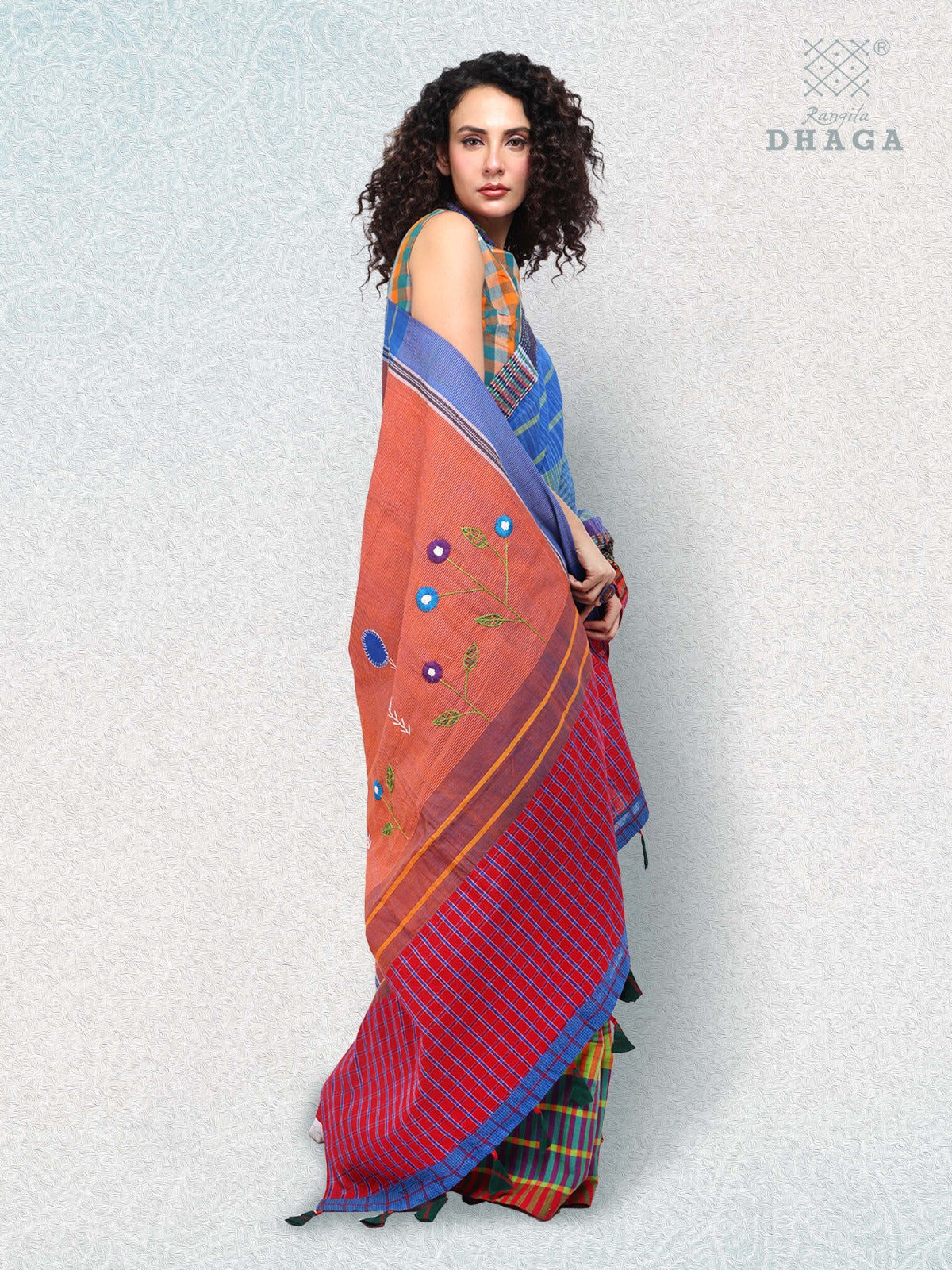 Hand Embroidered Kantha Stitch Patchwork Saree Gamcha Fashion Handloom Cotton Fabric Blue & Red Multicolor GS101