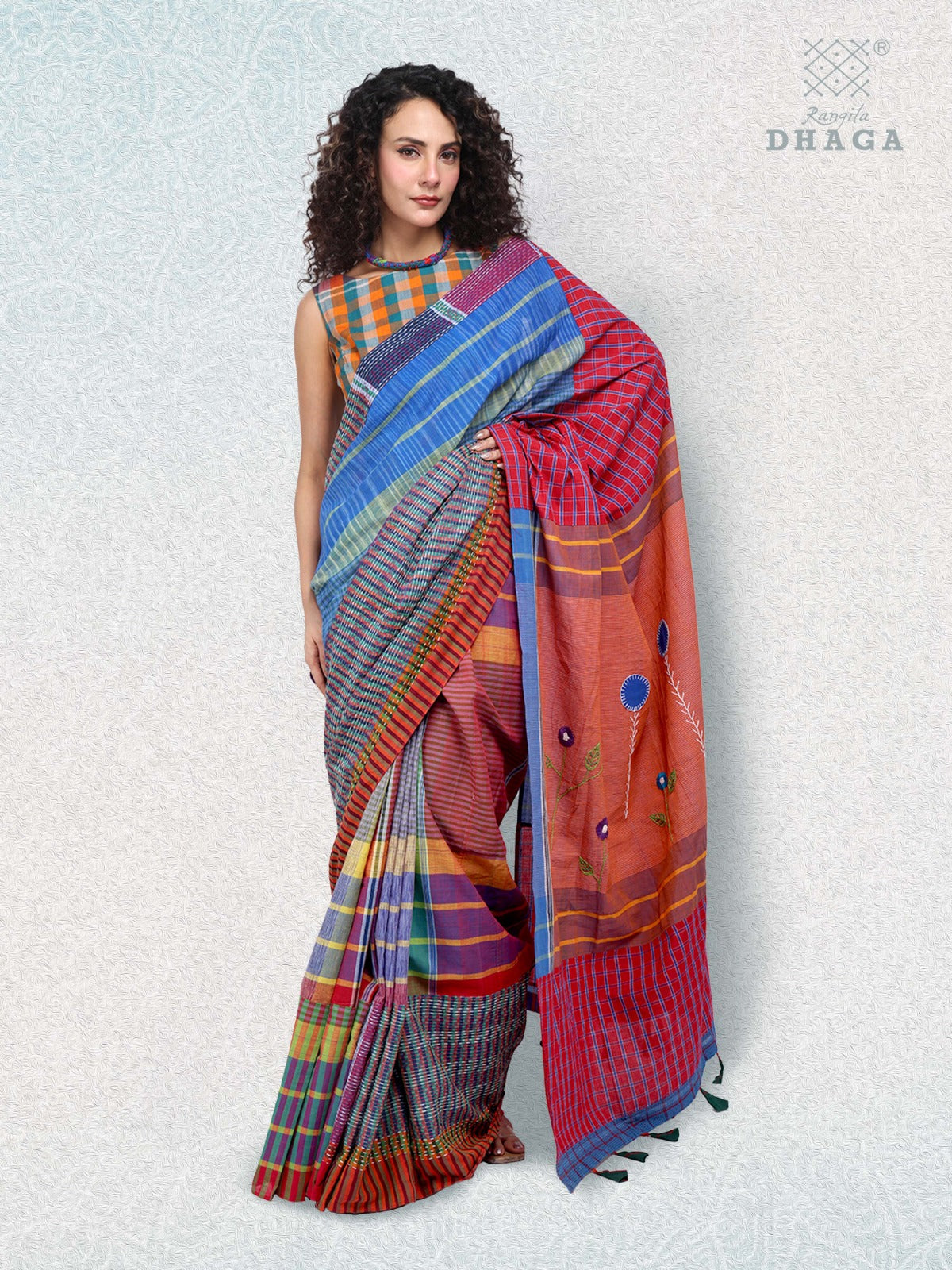 Hand Embroidered Kantha Stitch Patchwork Saree Gamcha Fashion Handloom Cotton Fabric Blue & Red Multicolor GS101