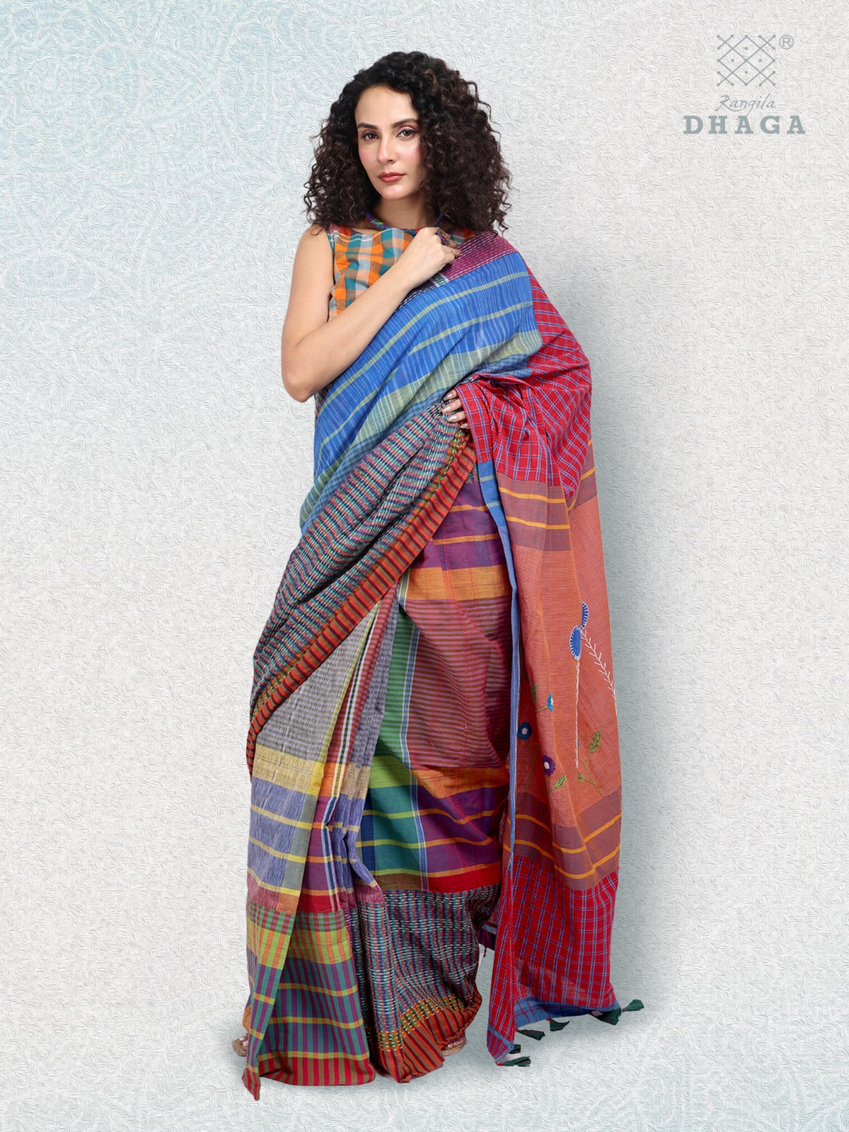 Hand Embroidered Kantha Stitch Patchwork Saree Gamcha Fashion Handloom Cotton Fabric Blue & Red Multicolor GS101