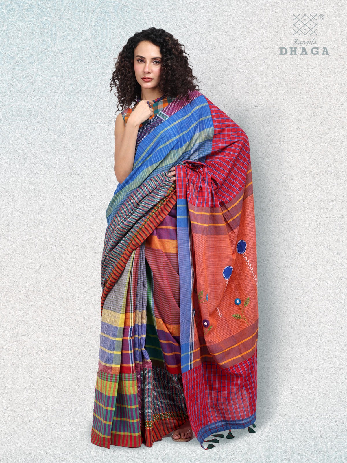 Hand Embroidered Kantha Stitch Patchwork Saree Gamcha Fashion Handloom Cotton Fabric Blue & Red Multicolor GS101