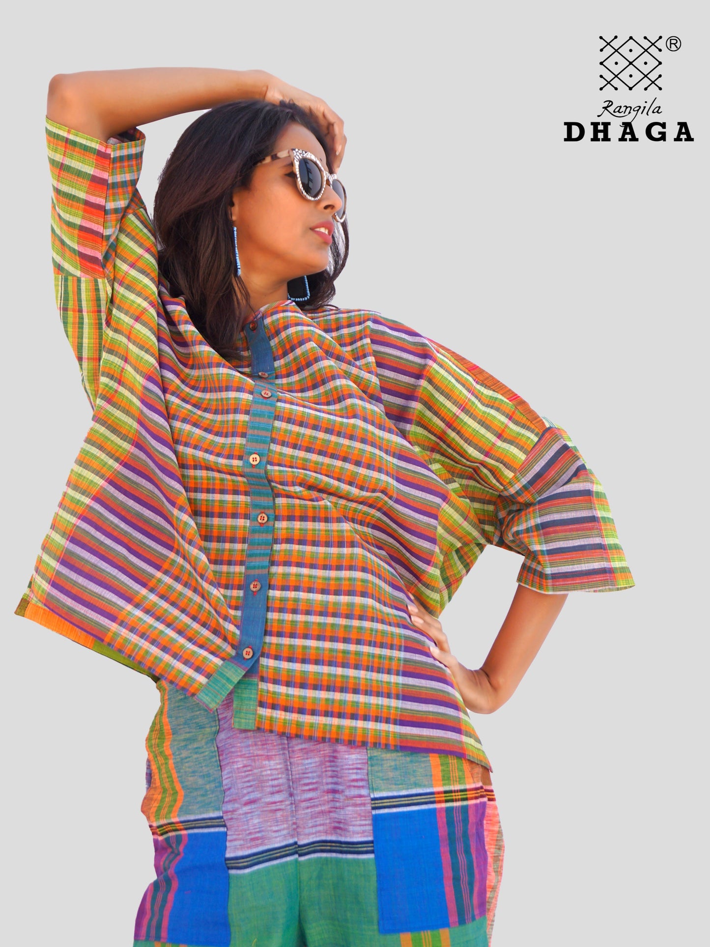 Handloom Gamcha Cotton Multicolor Free Size Front-Open Women’s Short Top/Jacket (TOP19)