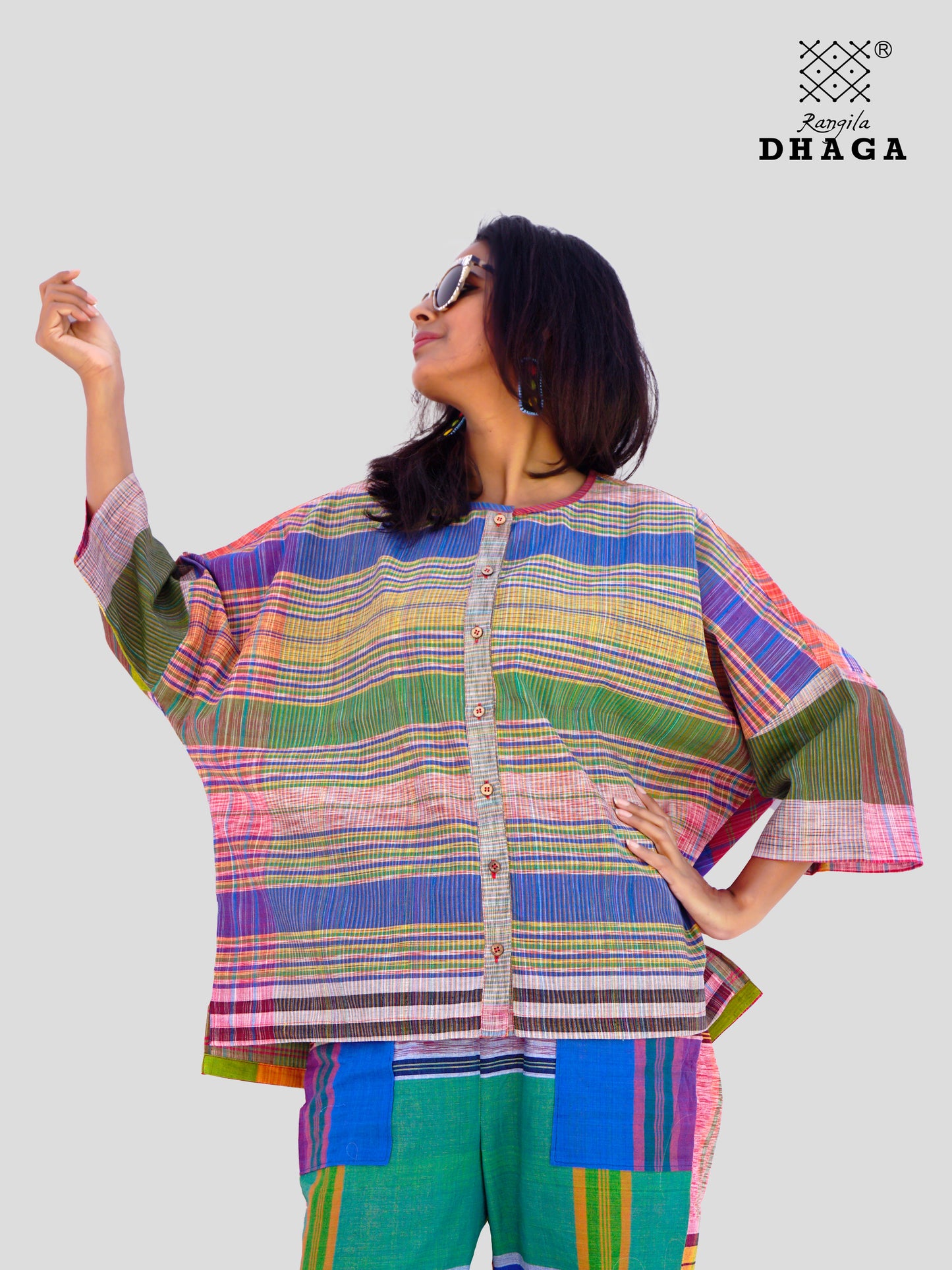 Handloom Gamcha Cotton Multicolor Free Size Front-Open Women’s Short Top/Jacket (TOP21)