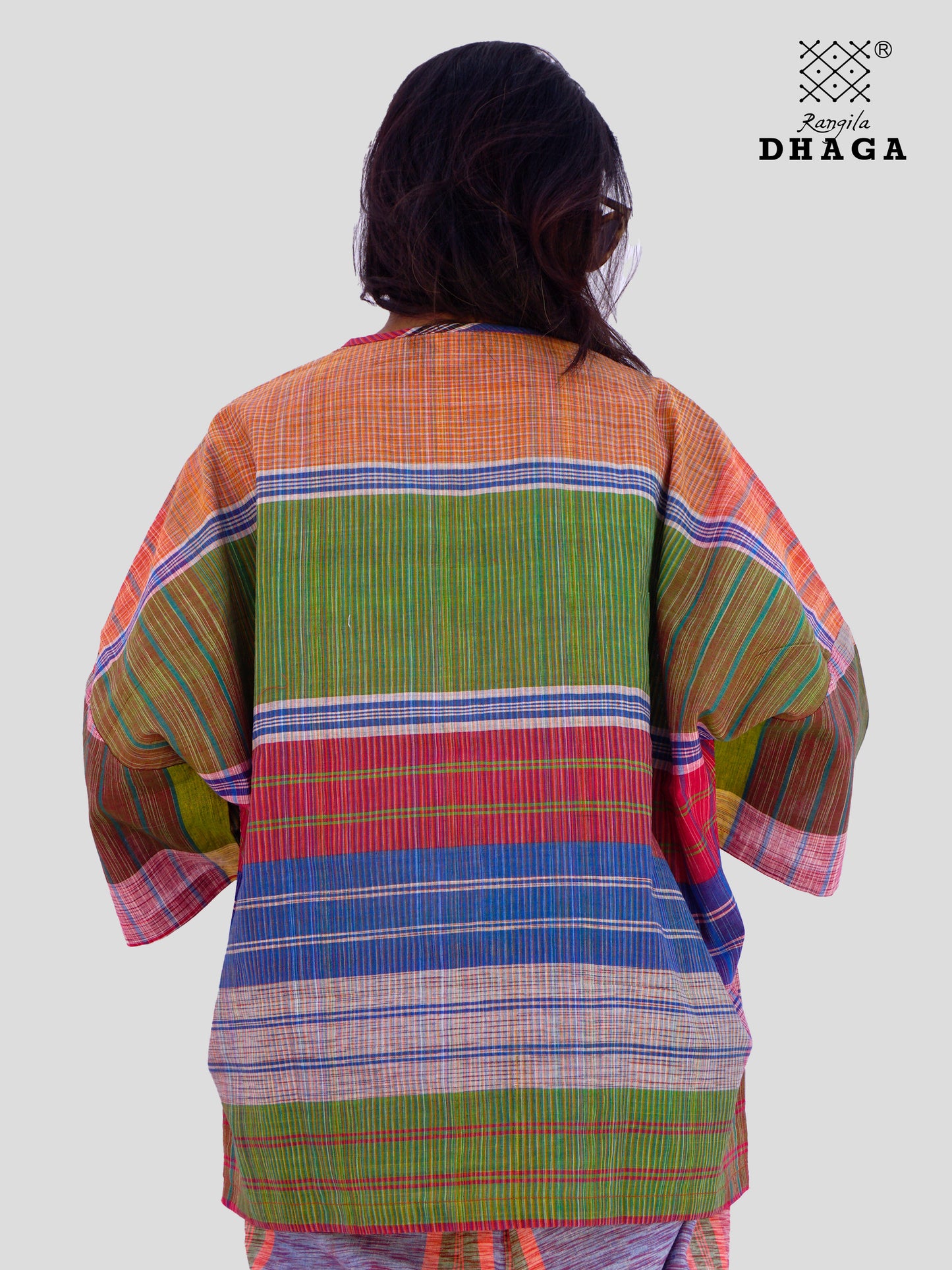 Handloom Gamcha Cotton Multicolor Free Size Front-Open Women’s Short Top/Jacket (TOP21)