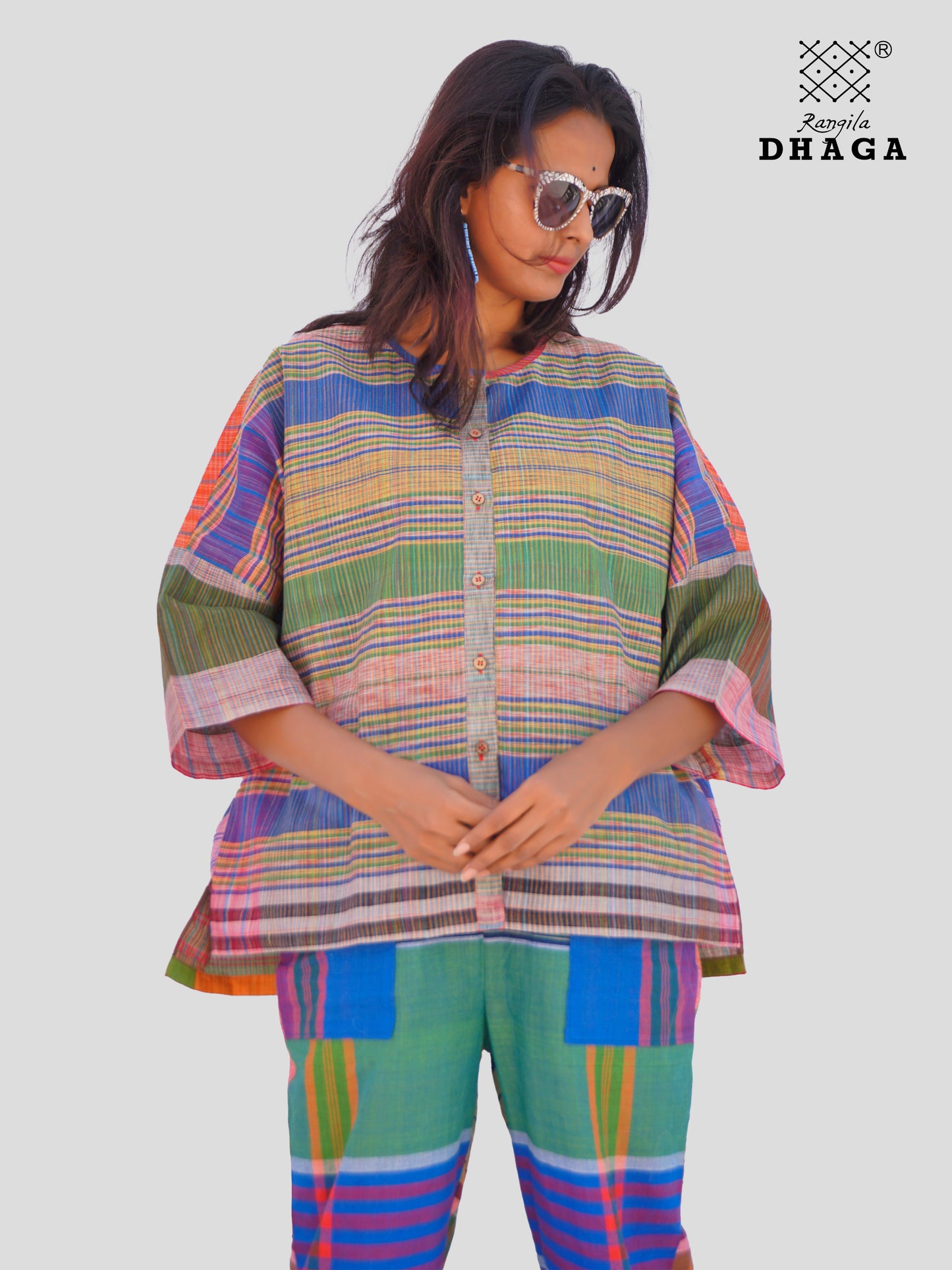 Handloom Gamcha Cotton Multicolor Free Size Front-Open Women’s Short Top/Jacket (TOP21)