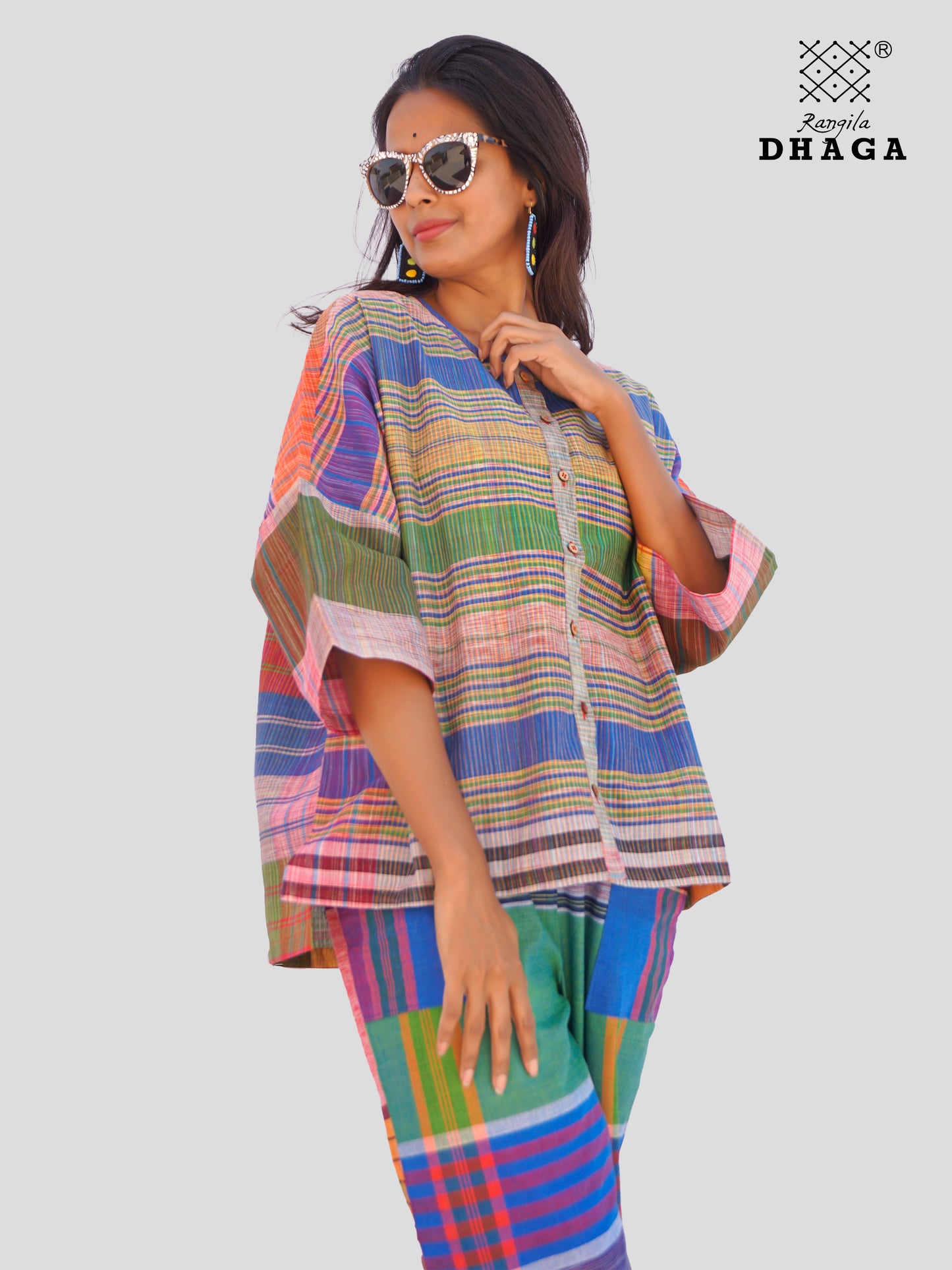 Handloom Gamcha Cotton Multicolor Free Size Front-Open Women’s Short Top/Jacket (TOP21)