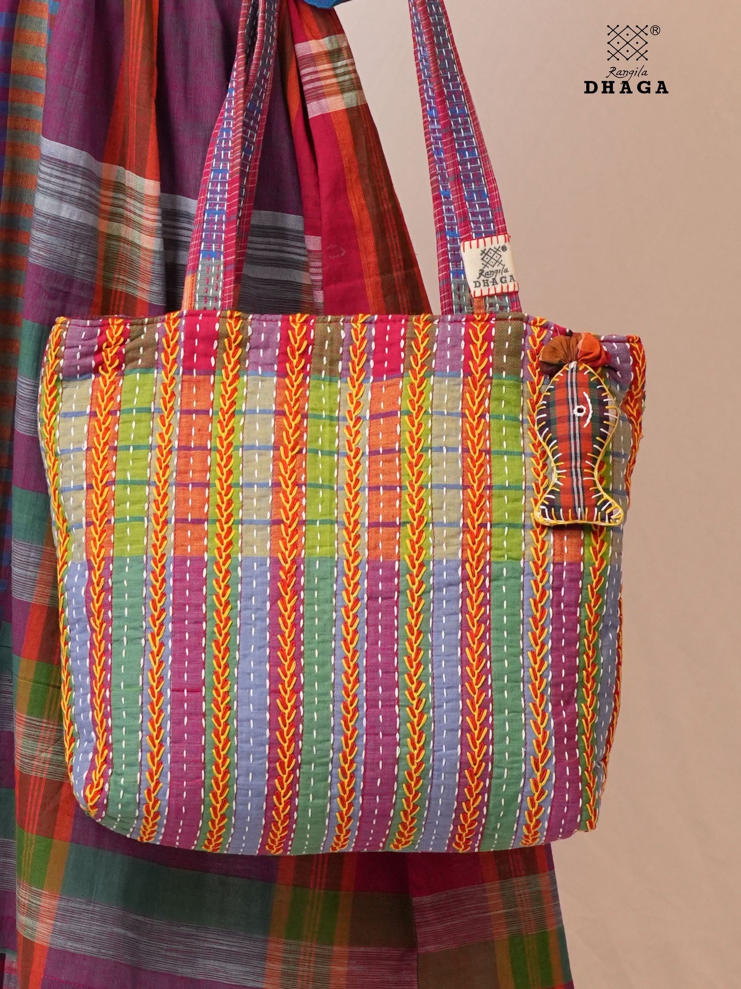 Hand-Embroidered Cotton Gamcha Tote Bag | Multicolor Artisan Shoulder Tote with Zip Closure & Multiple Pockets 105