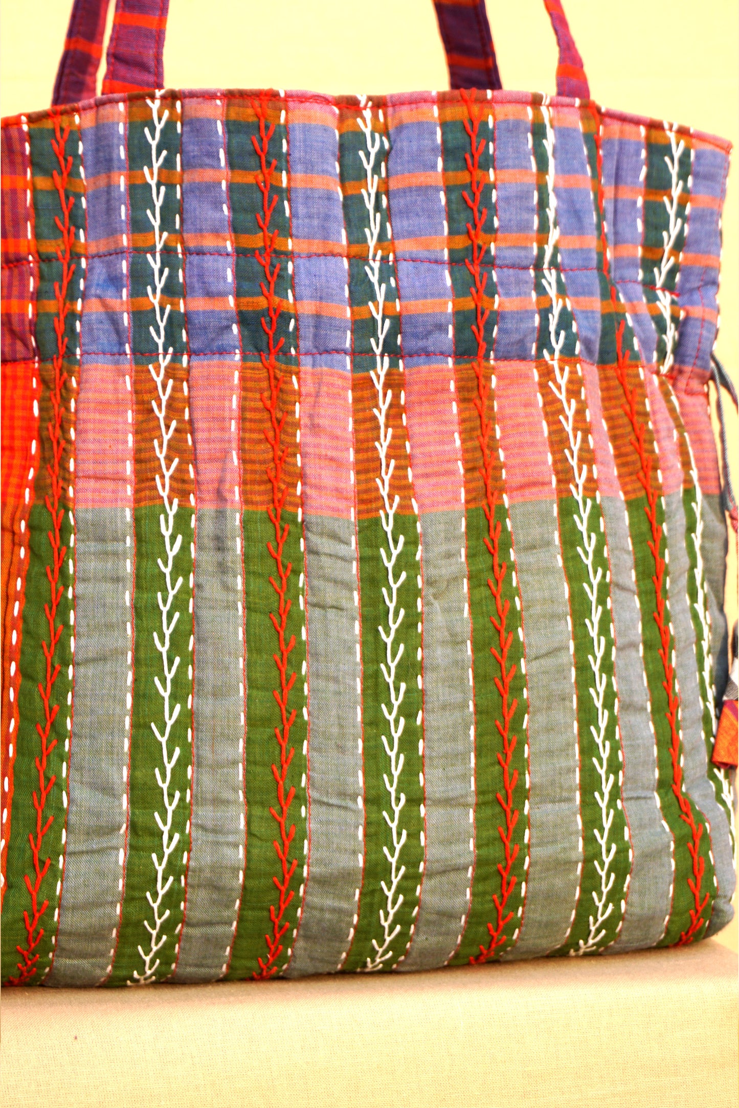 Multicolor Hand Embroidered Gamcha Potli Tote Bag – Kantha Stitch Drawstring Bag | Rangila Dhaga Bag 40
