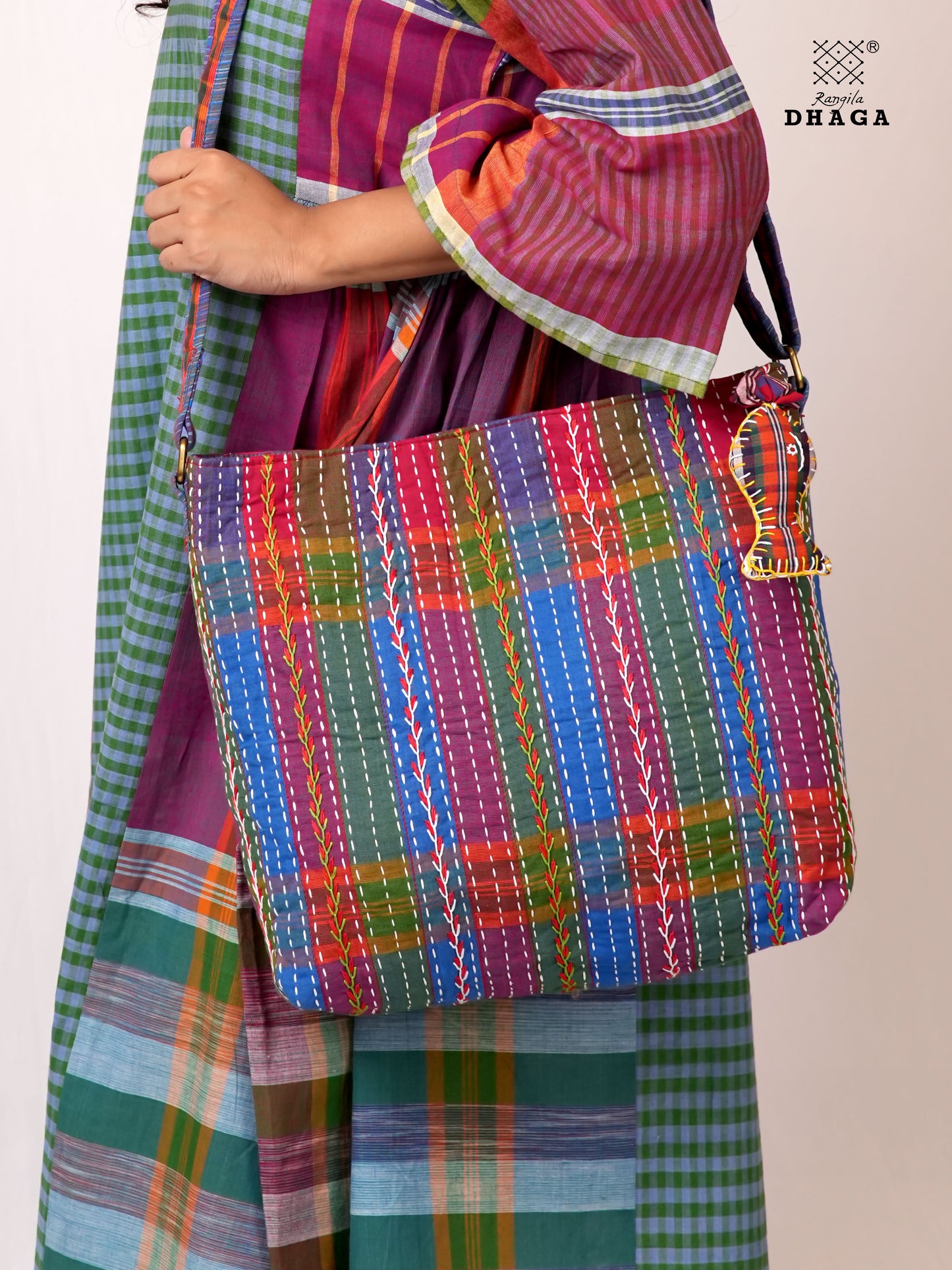 Hand-Embroidered Cotton Gamcha Sling Bag | Adjustable Crossbody Bag with Kantha, Feather & Lezy Stitch | Rangila Dhaga SL29