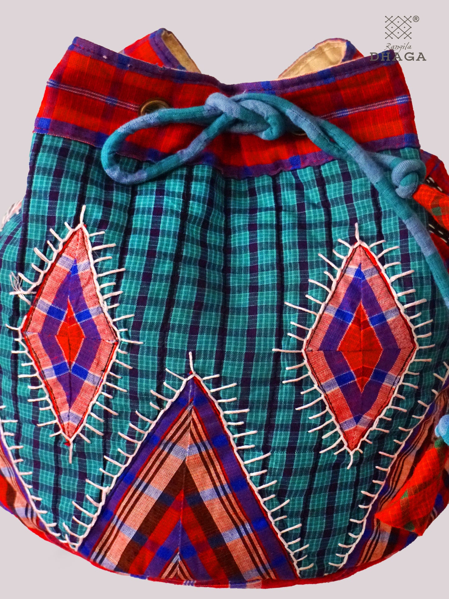 Gamcha Patchwork Embroidered Sling Bag – Drawstring Bucket Style with Handcrafted Strap SL12