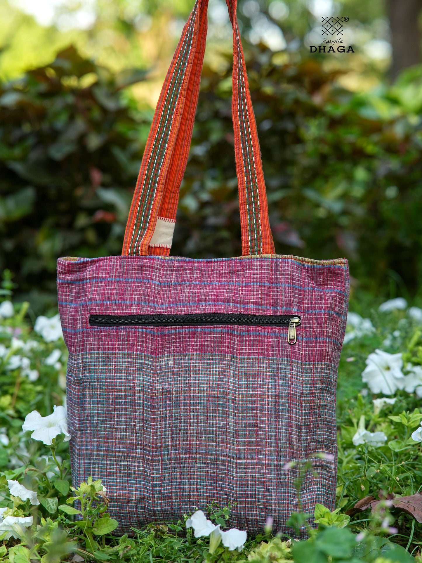 Red Hand Embroidered Gamcha Pakhi Tote Bag with Hand Embroidered Handle Bag111