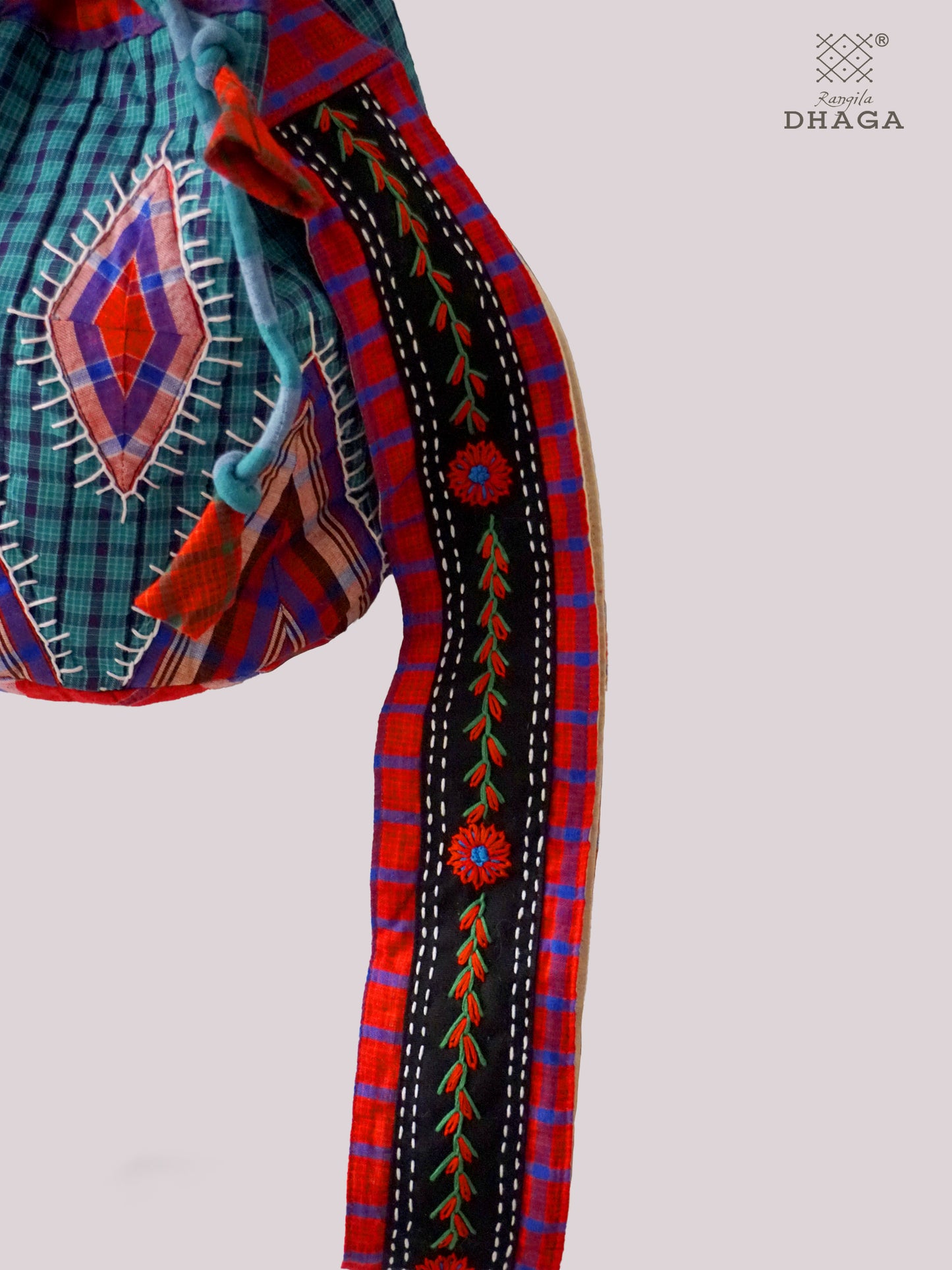 Gamcha Patchwork Embroidered Sling Bag – Drawstring Bucket Style with Handcrafted Strap SL12