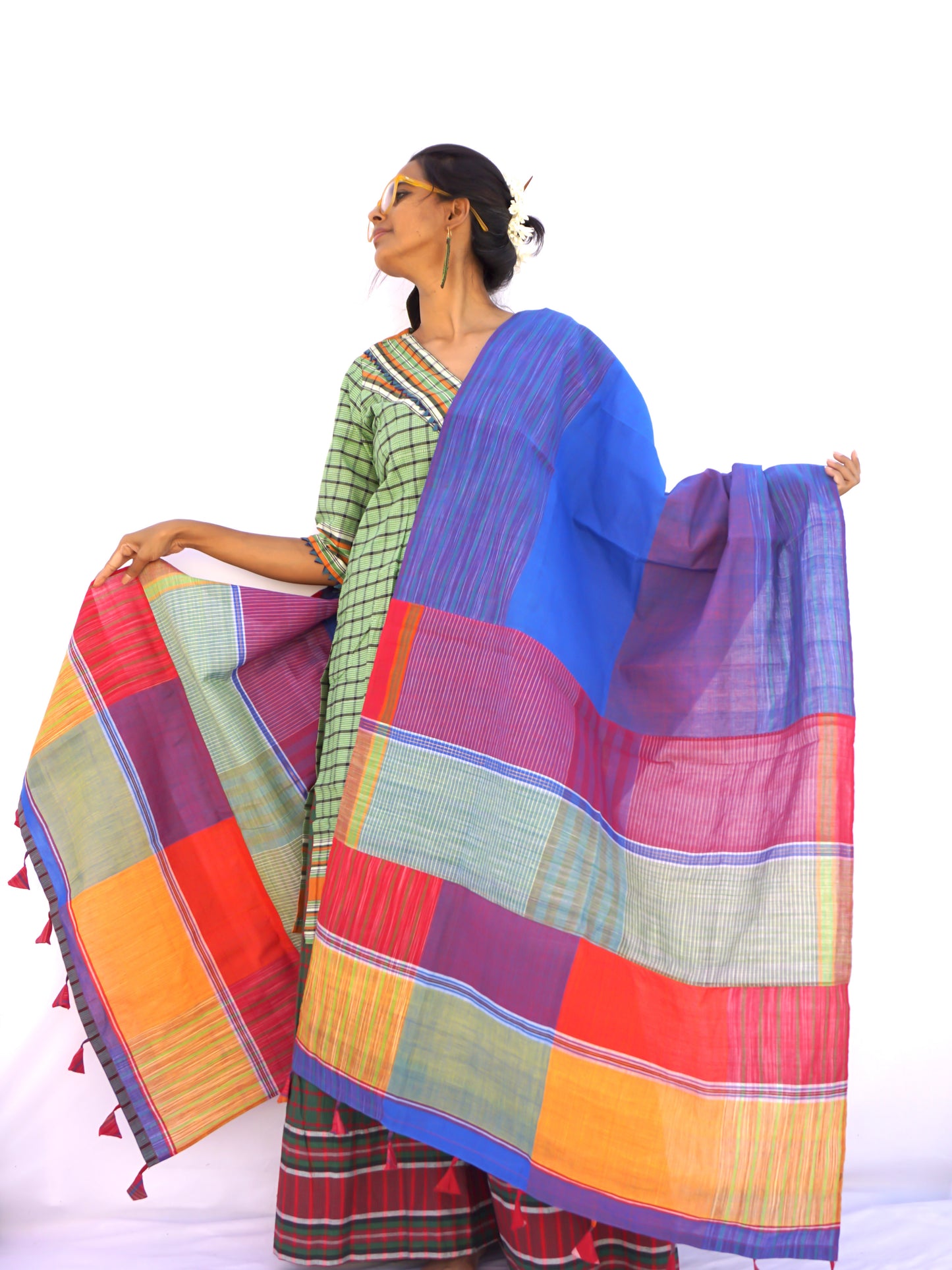 Patch work Gamcha Fashion Handloom Cotton Dupatta DP21( Red blue Multicolor)