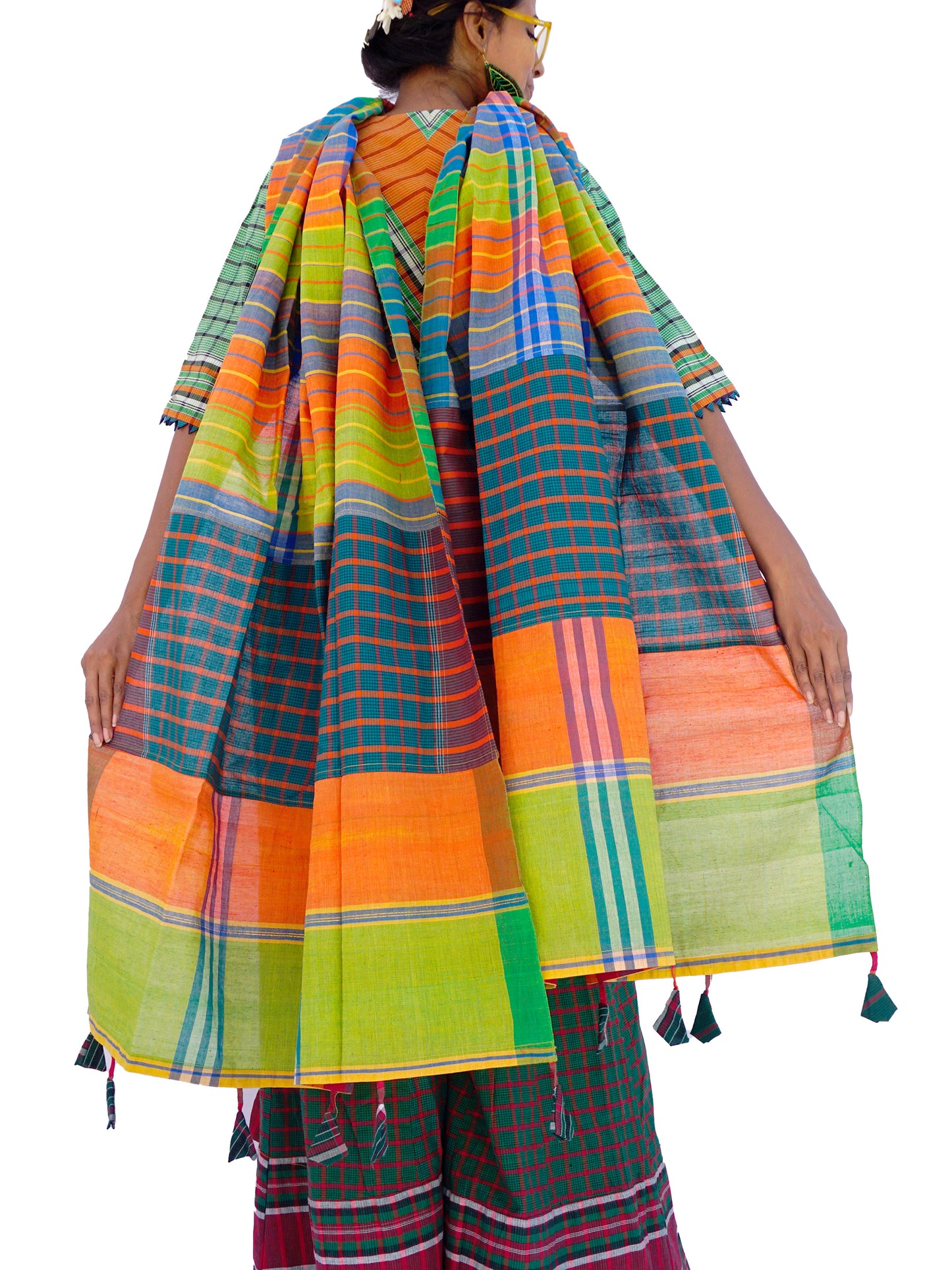 Patch work Gamcha Fashion Handloom Cotton Dupatta DP22 (Oreng Green Multicolor)