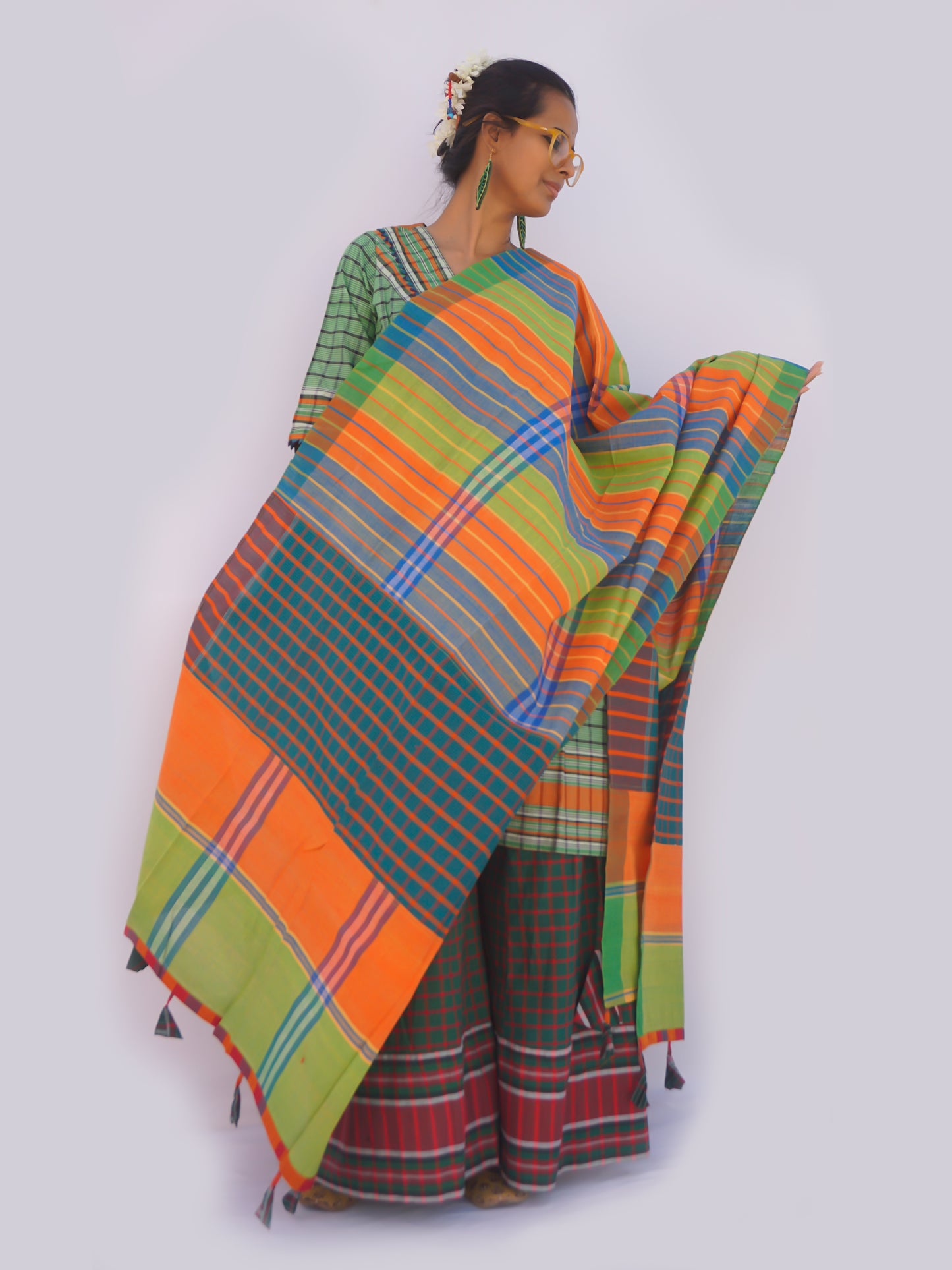 Patch work Gamcha Fashion Handloom Cotton Dupatta DP22 (Oreng Green Multicolor)